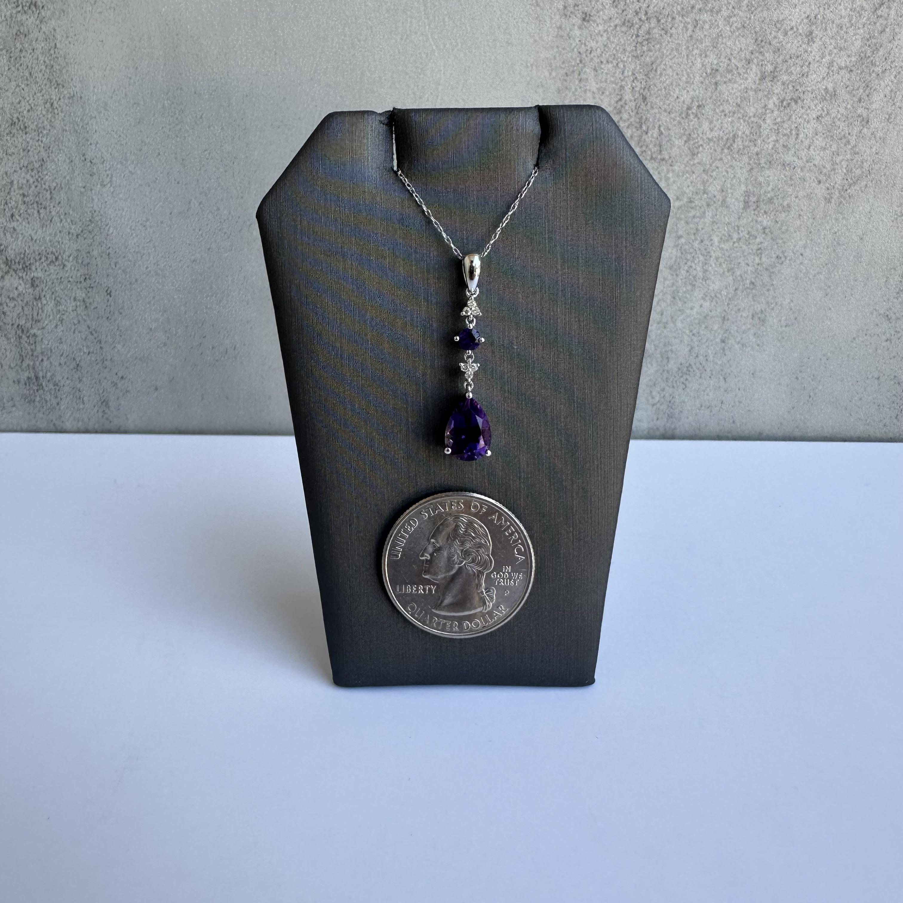 Pear Cut Amethyst and Diamond Necklace in 10kt White Gold - 10x7mm Pear Amethyst, New For Sale