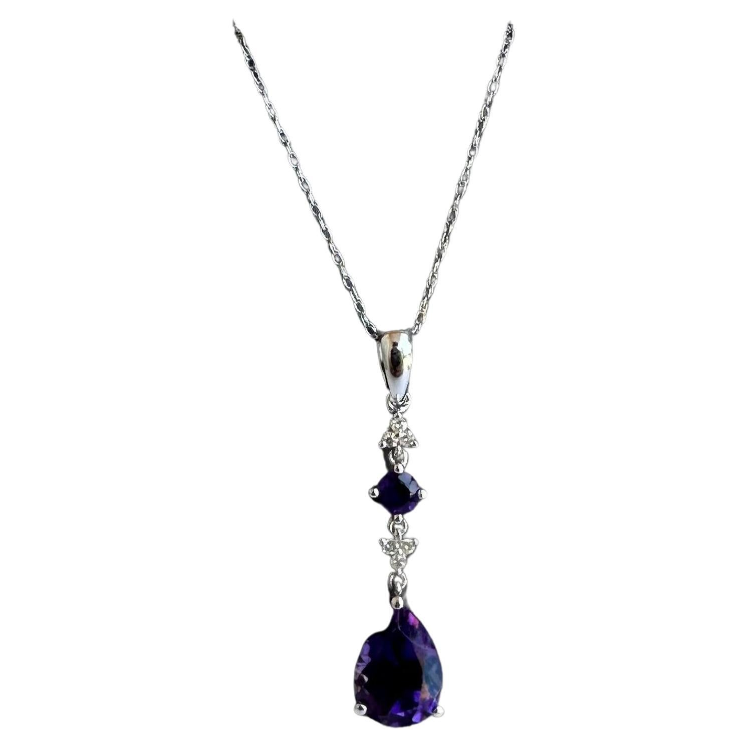 Amethyst and Diamond Necklace in 10kt White Gold - 10x7mm Pear Amethyst, New For Sale