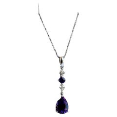 Amethyst and Diamond Necklace in 10kt White Gold - 10x7mm Pear Cut, New