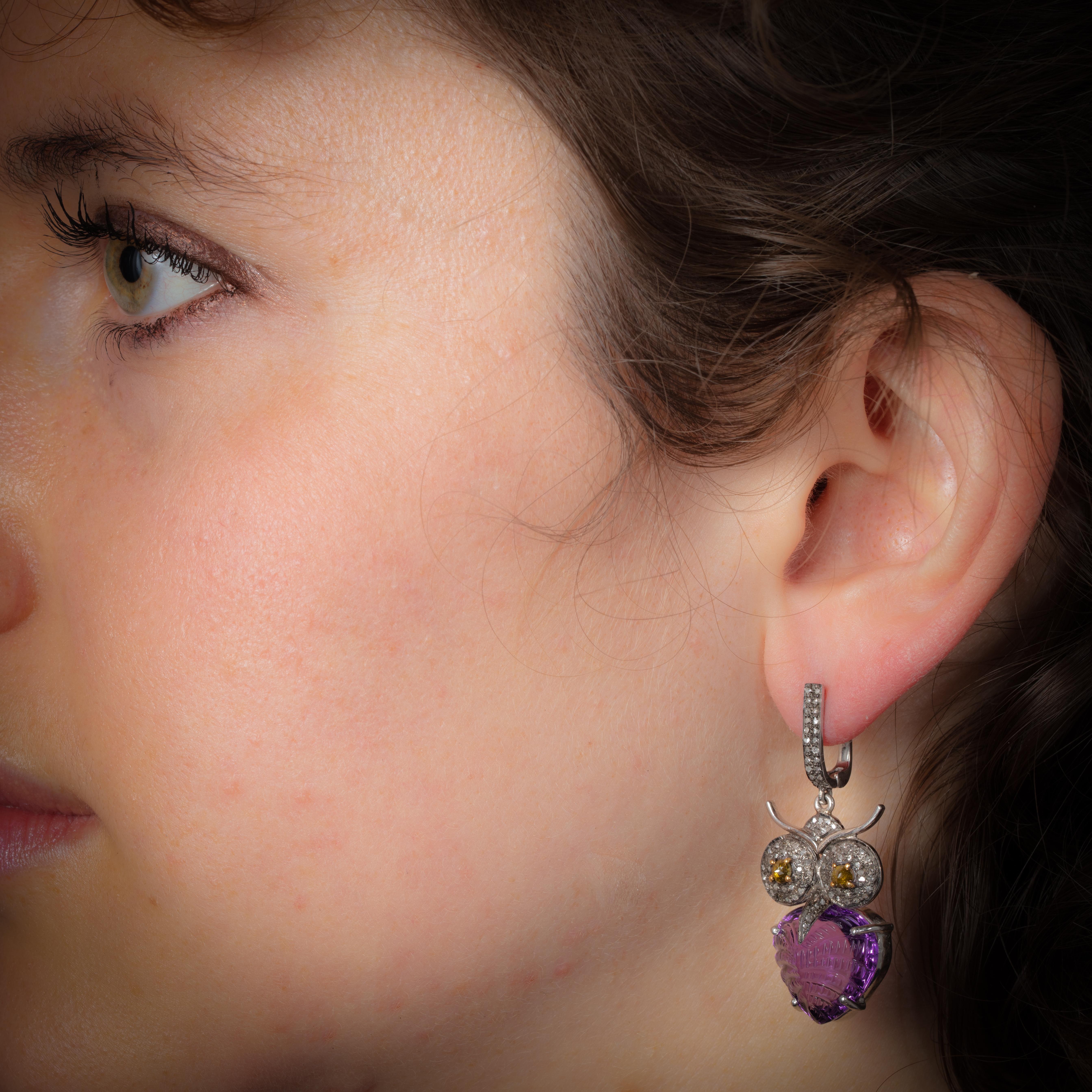 Amethyst and Diamond Owl Dangle Earrings In Excellent Condition In Nantucket, MA