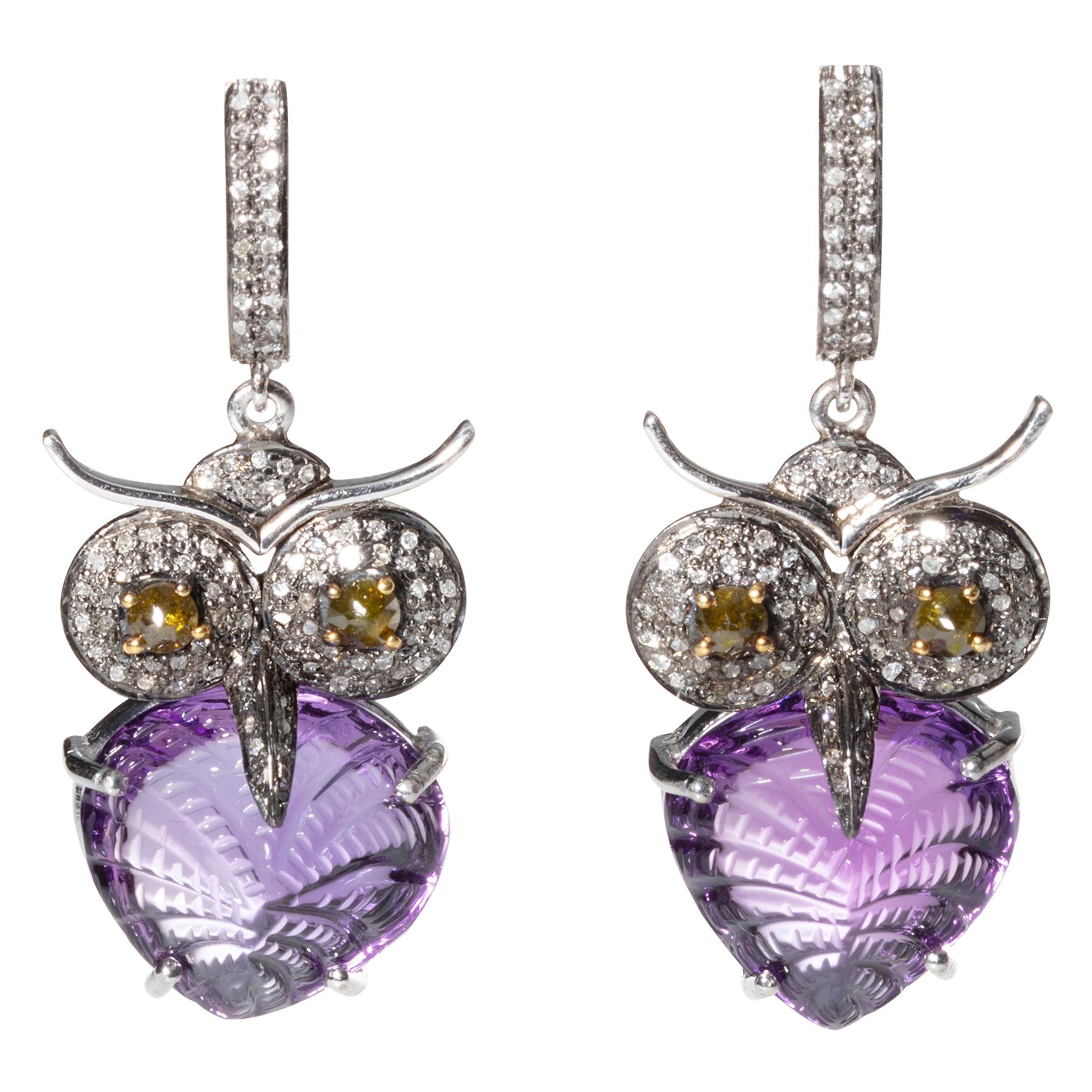 Amethyst and Diamond Owl Dangle Earrings
