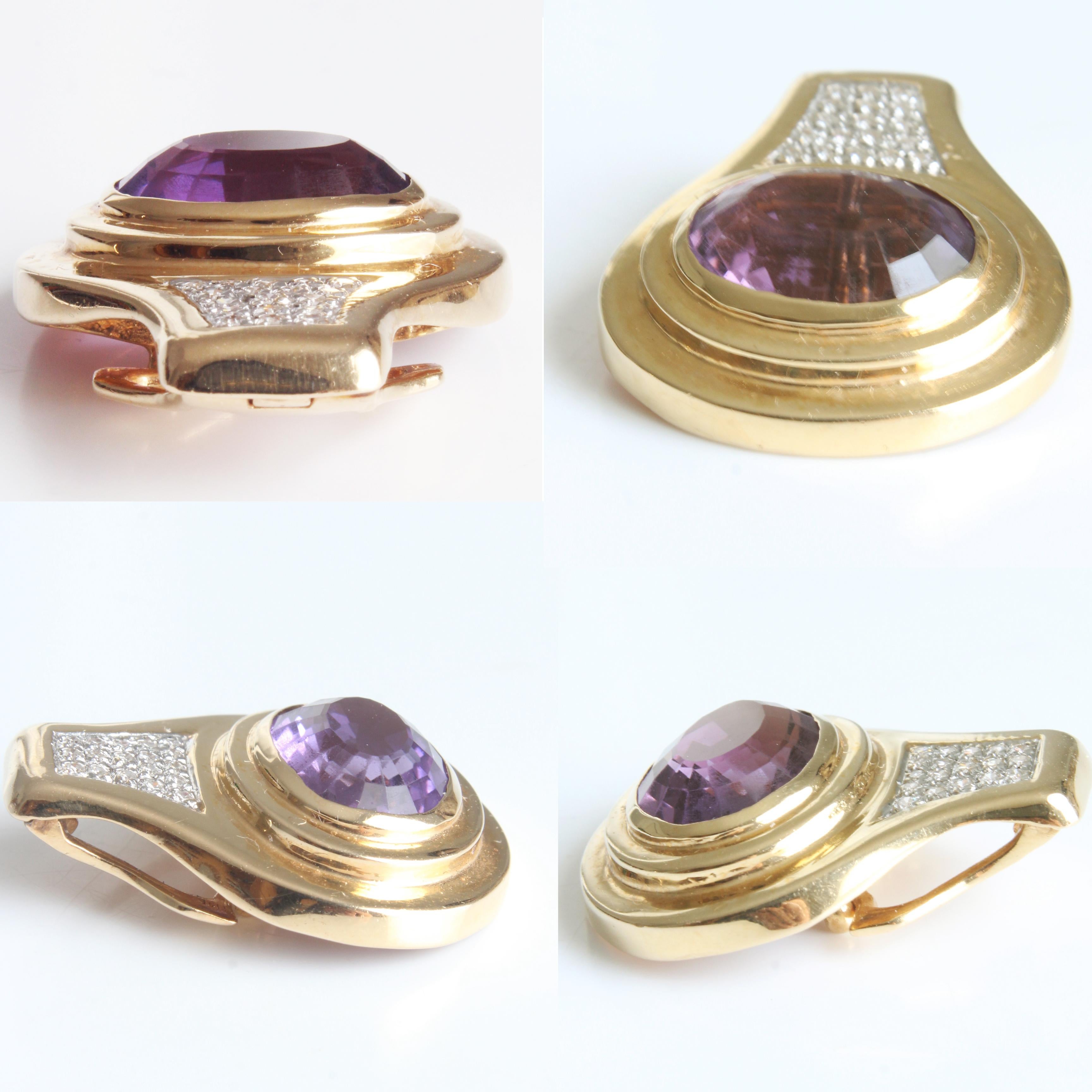 Amethyst and Diamond Pendant with 14k Yellow Gold & Rhodium Omega Chain Vintage For Sale 4