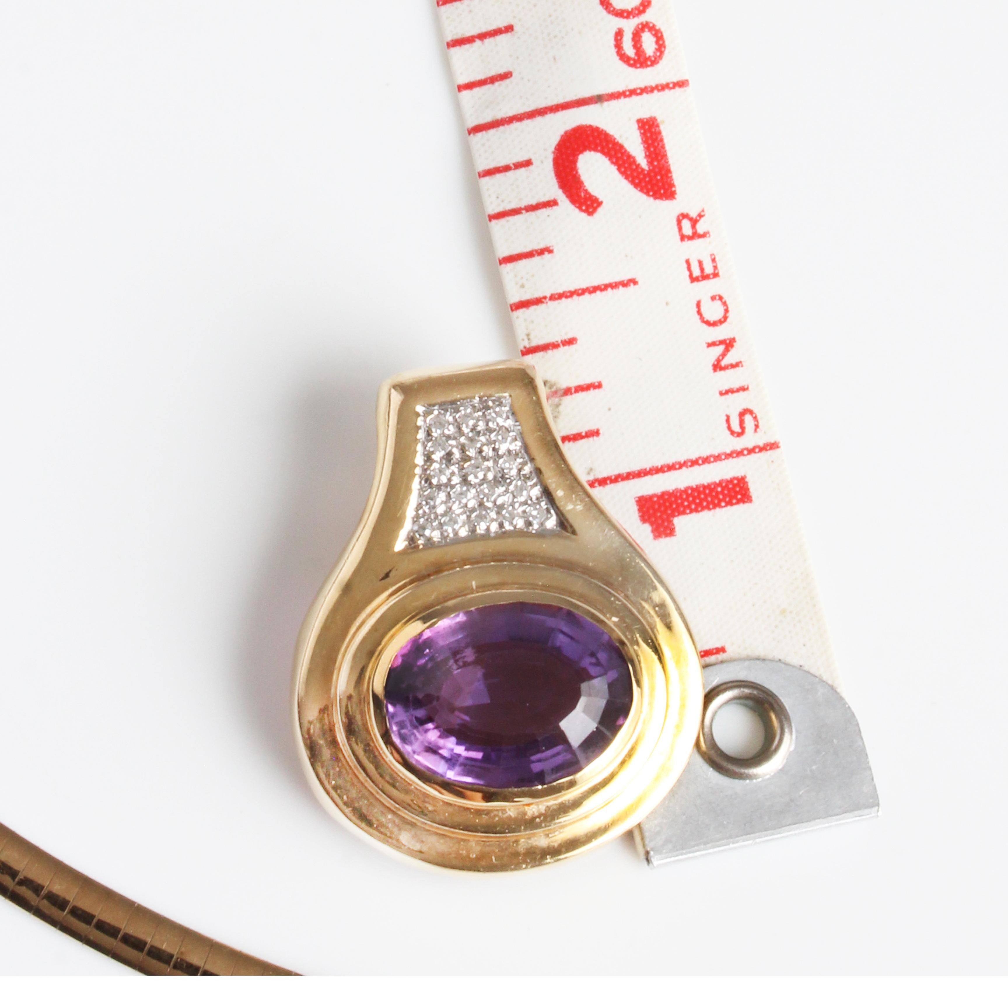 Amethyst and Diamond Pendant with 14k Yellow Gold & Rhodium Omega Chain Vintage For Sale 5