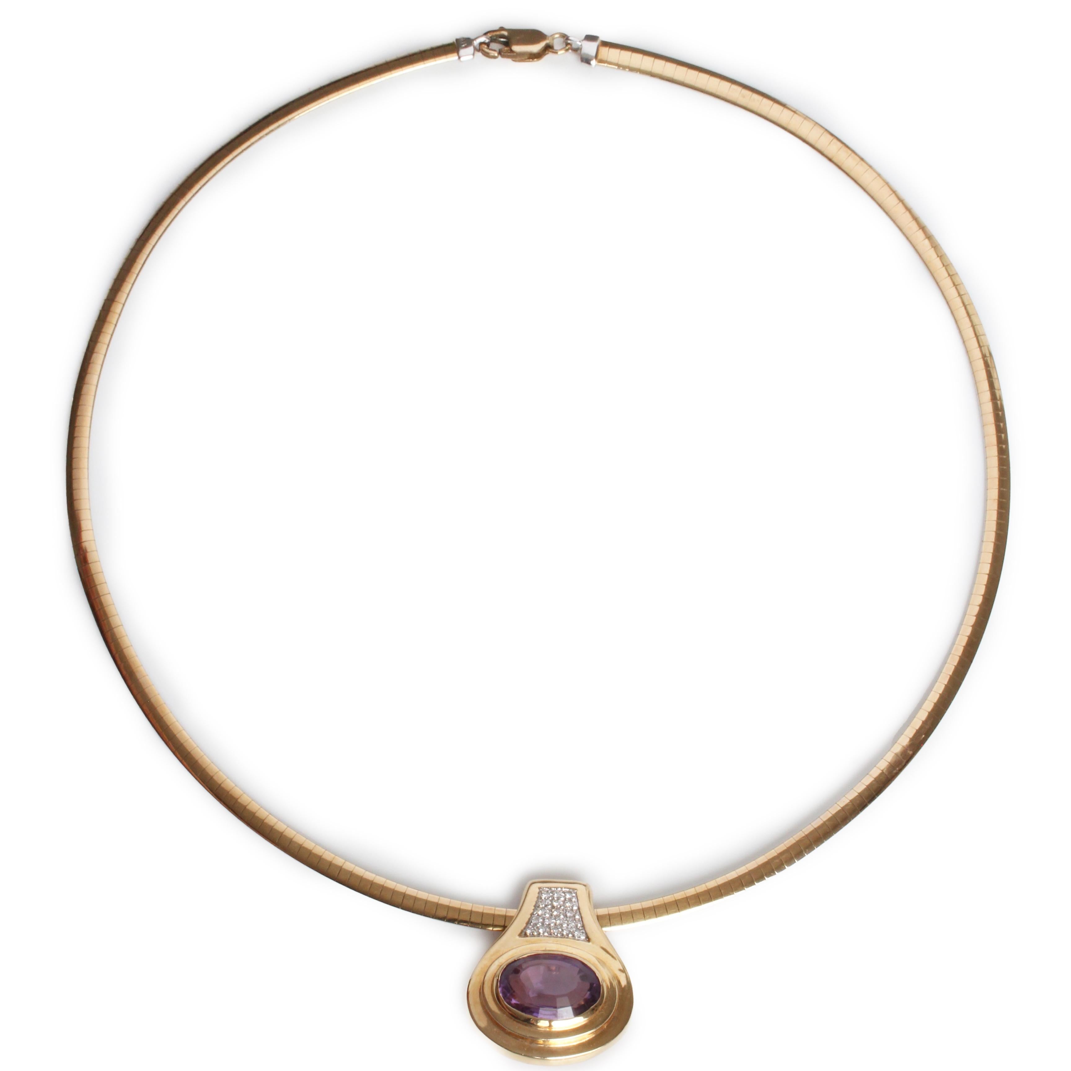 Amethyst and Diamond Pendant with 14k Yellow Gold & Rhodium Omega Chain Vintage For Sale 6