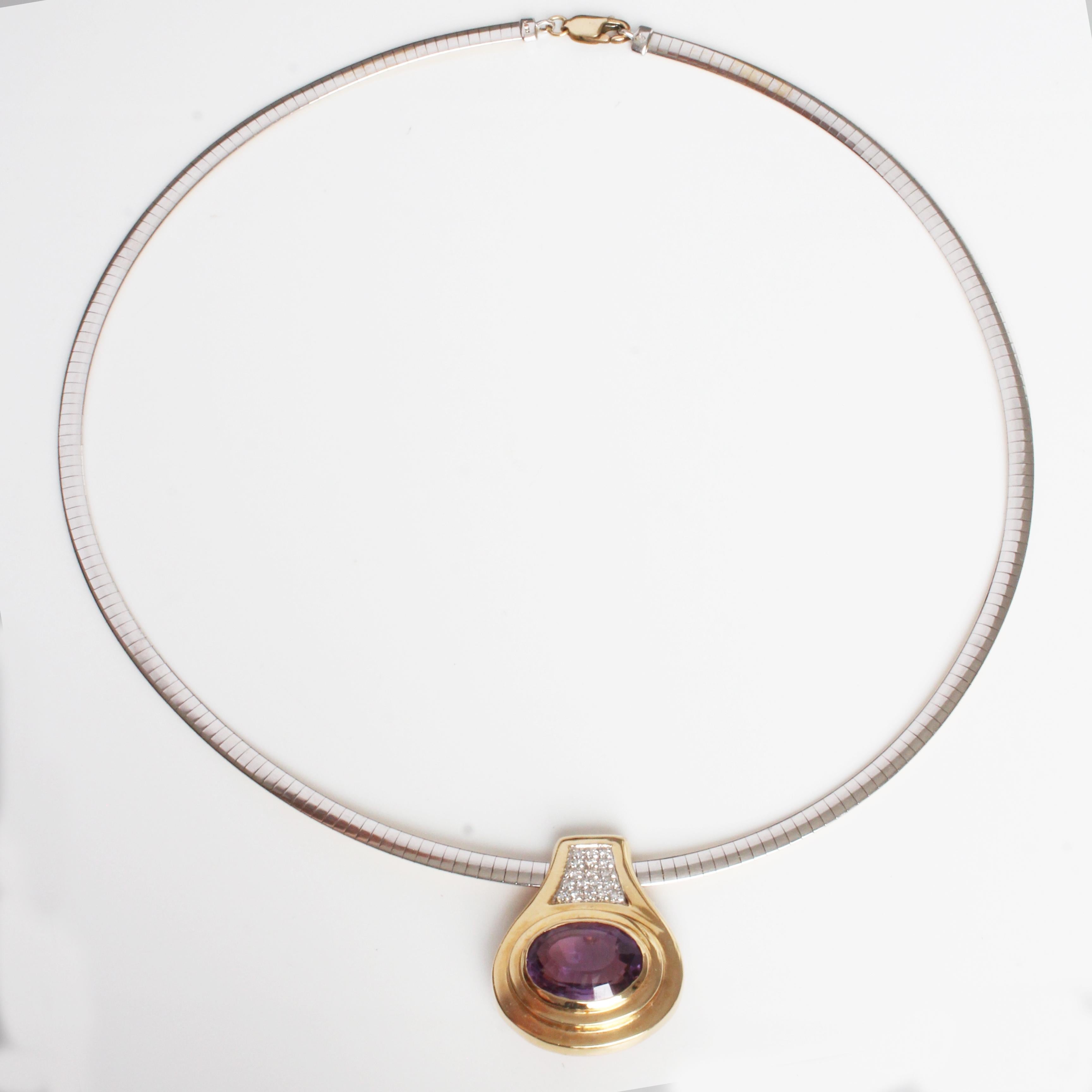 Amethyst and Diamond Pendant with 14k Yellow Gold & Rhodium Omega Chain Vintage For Sale 9