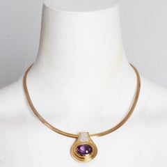 Amethyst and Diamond Pendant with 14k Yellow Gold & Rhodium Omega Chain Vintage