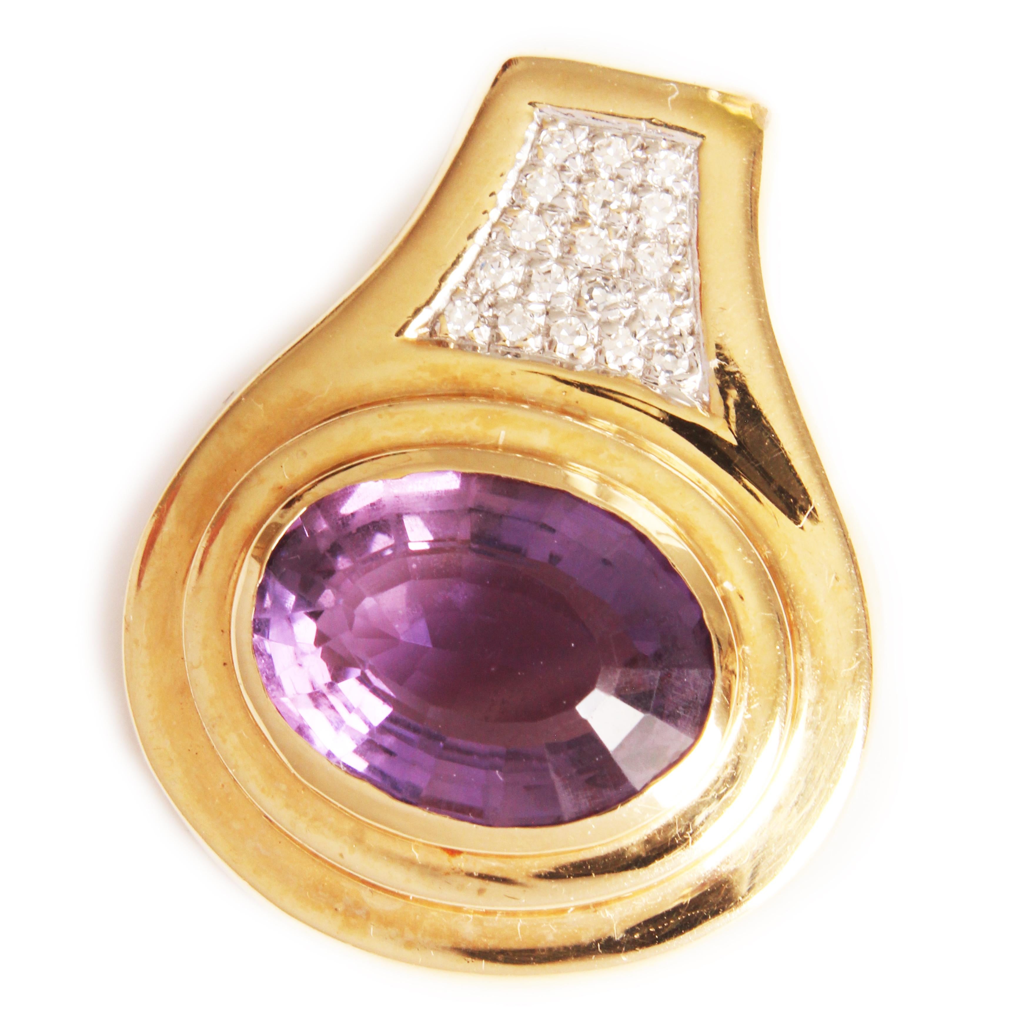 Modernist Amethyst and Diamond Pendant with 14k Yellow Gold & Rhodium Omega Chain Vintage For Sale