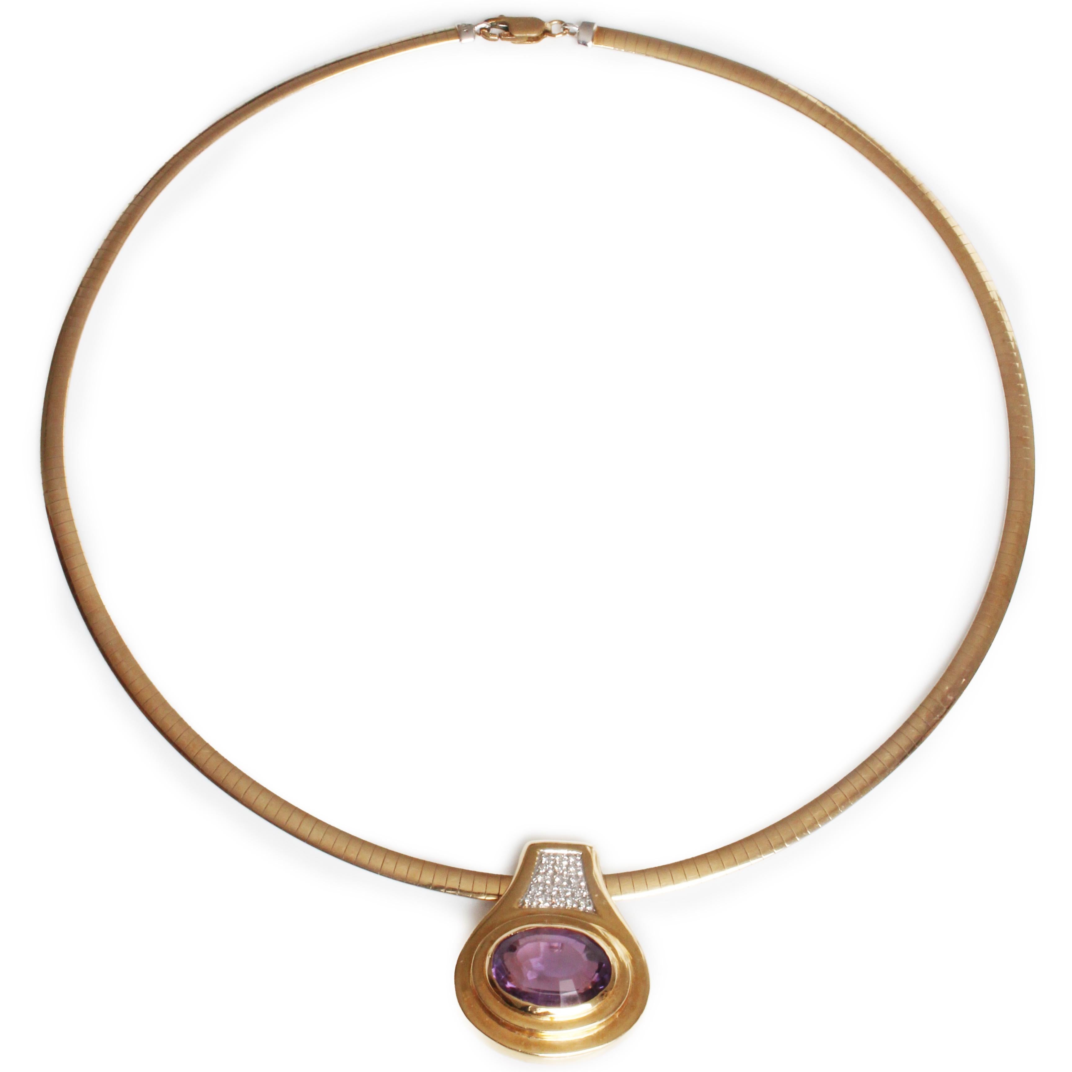 Oval Cut Amethyst and Diamond Pendant with 14k Yellow Gold & Rhodium Omega Chain Vintage For Sale