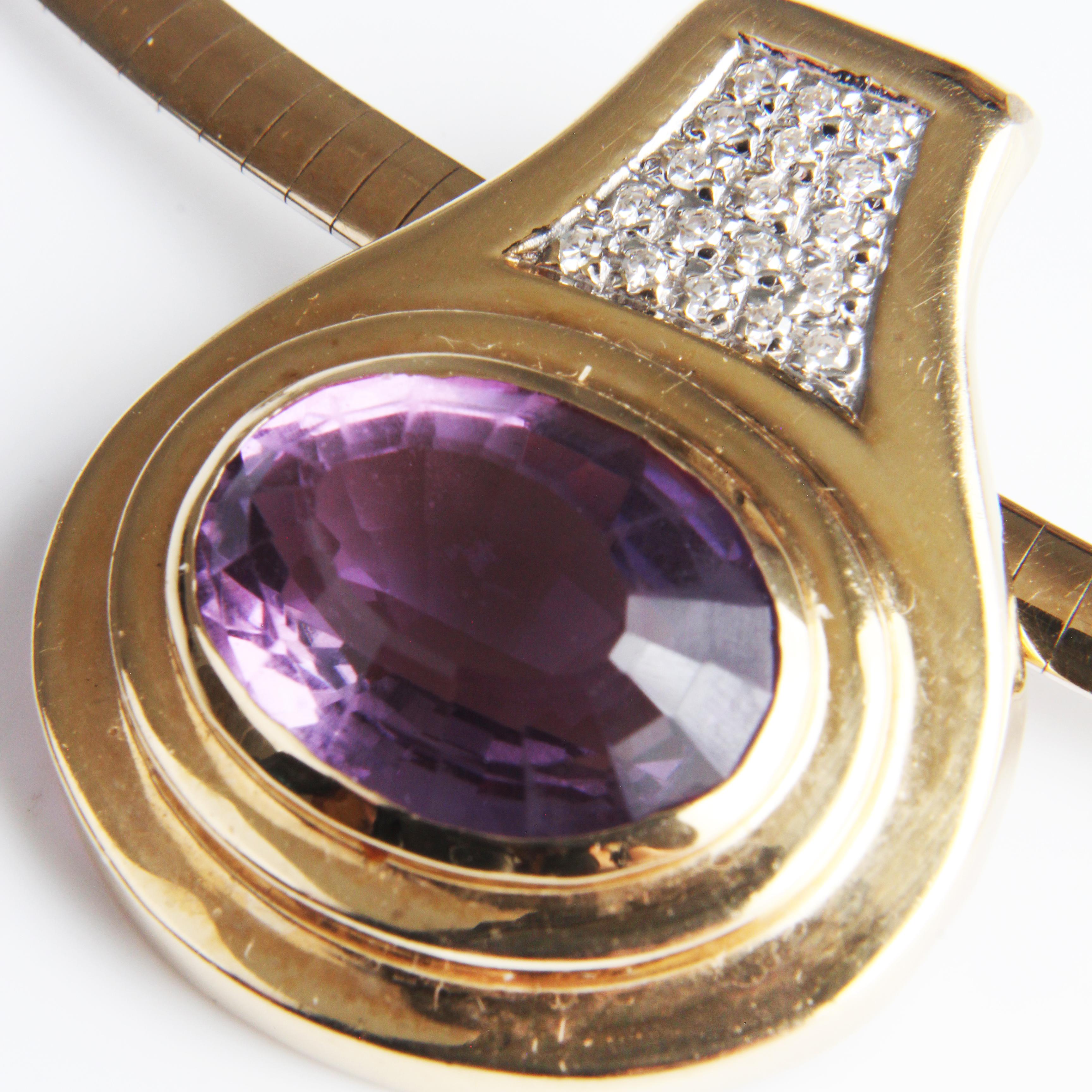 Amethyst and Diamond Pendant with 14k Yellow Gold & Rhodium Omega Chain Vintage In Good Condition For Sale In Port Saint Lucie, FL