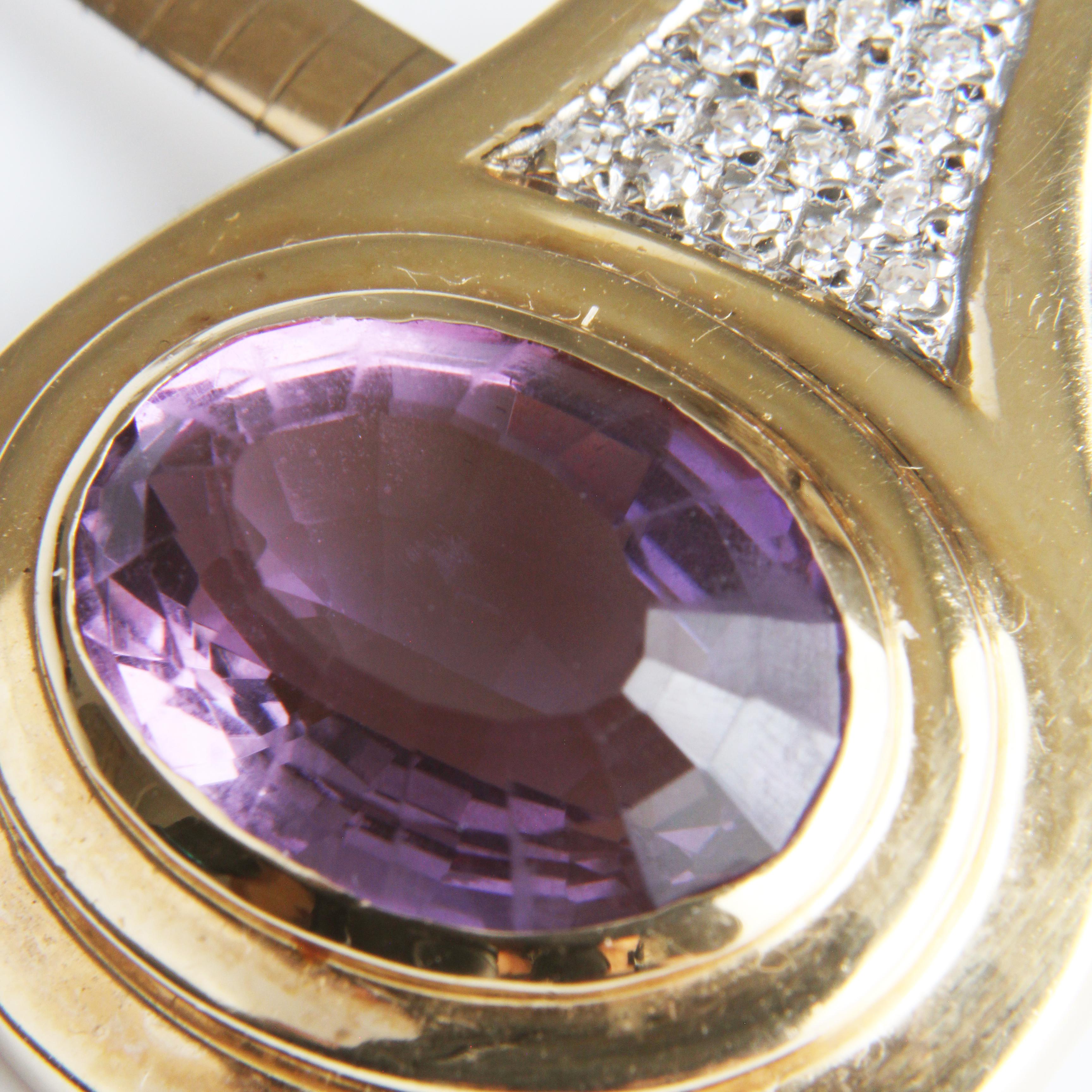 Women's or Men's Amethyst and Diamond Pendant with 14k Yellow Gold & Rhodium Omega Chain Vintage For Sale