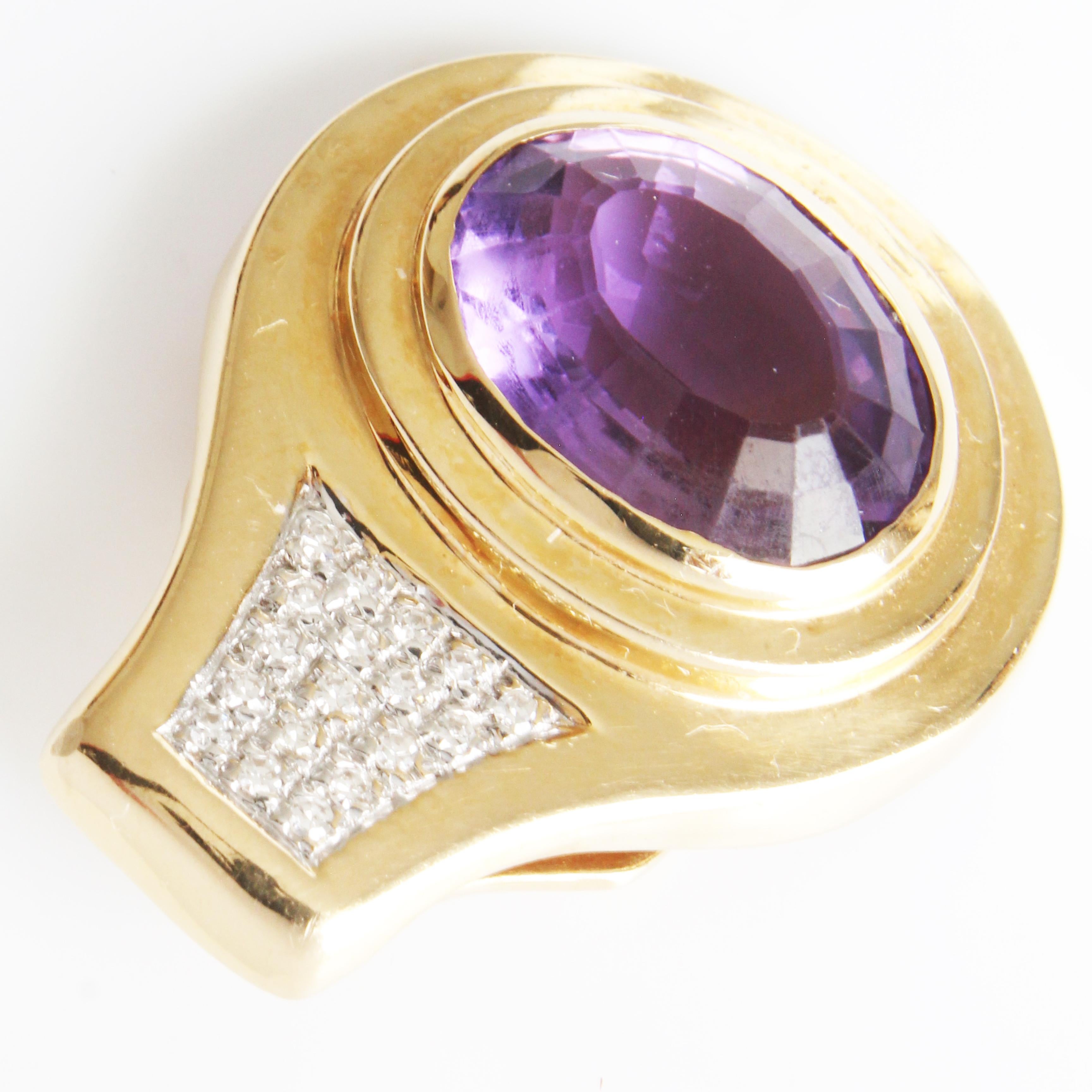 Amethyst and Diamond Pendant with 14k Yellow Gold & Rhodium Omega Chain Vintage For Sale 1