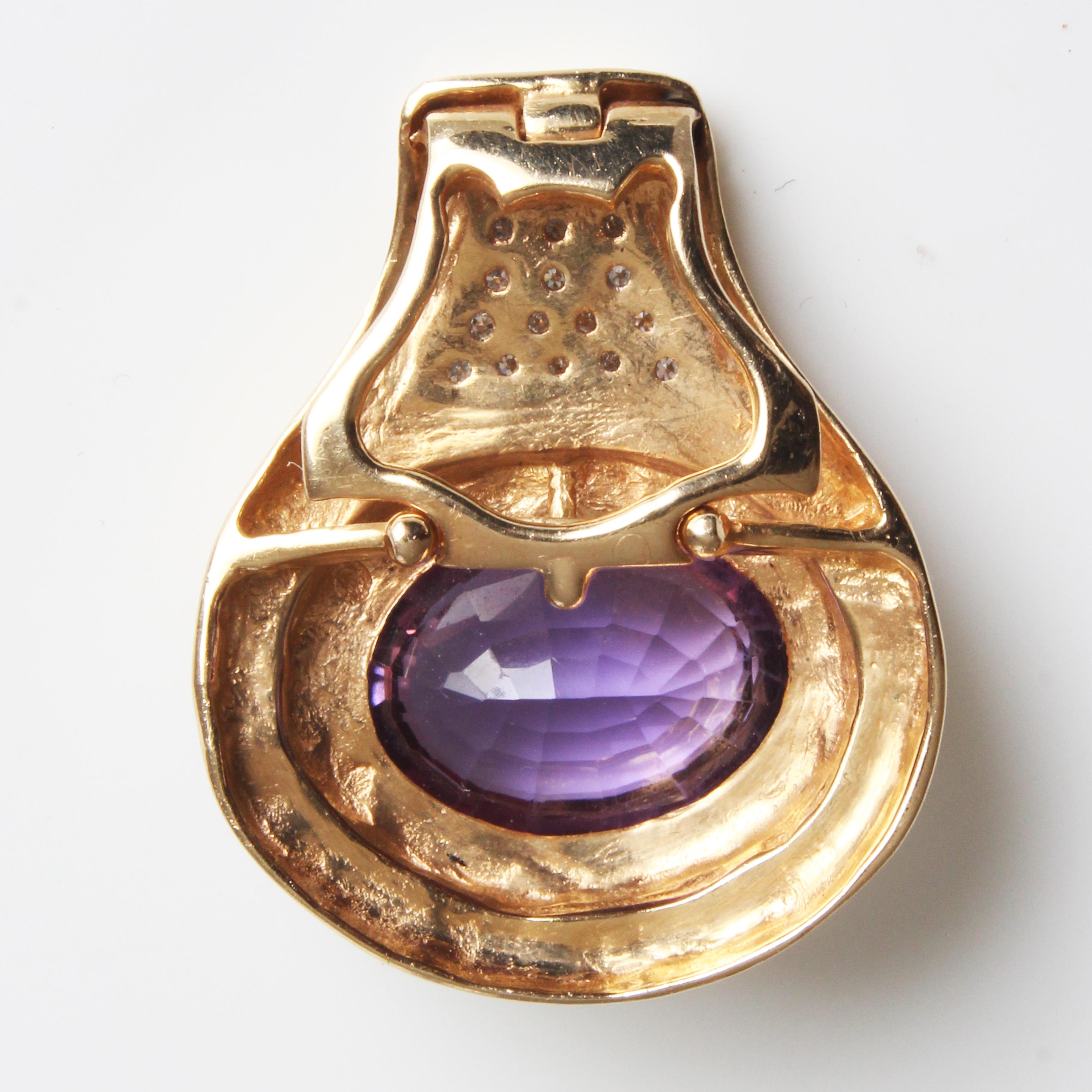 Amethyst and Diamond Pendant with 14k Yellow Gold & Rhodium Omega Chain Vintage For Sale 3