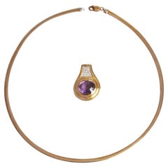Amethyst and Diamond Pendant with 14k Yellow Gold & Rhodium Omega Chain Vintage