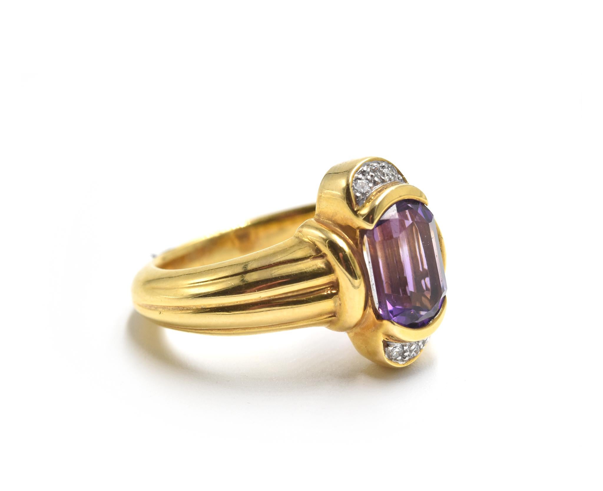 Designer: custom design
Material: 18k yellow gold
Amethyst: one 1.60 carat amethyst gemstone
Diamonds: six round brilliant cut diamonds = 0.10 carat weight
Dimensions: ring top measures 1/2-inch long
Ring Size: 6 3/4 (please allow two additional