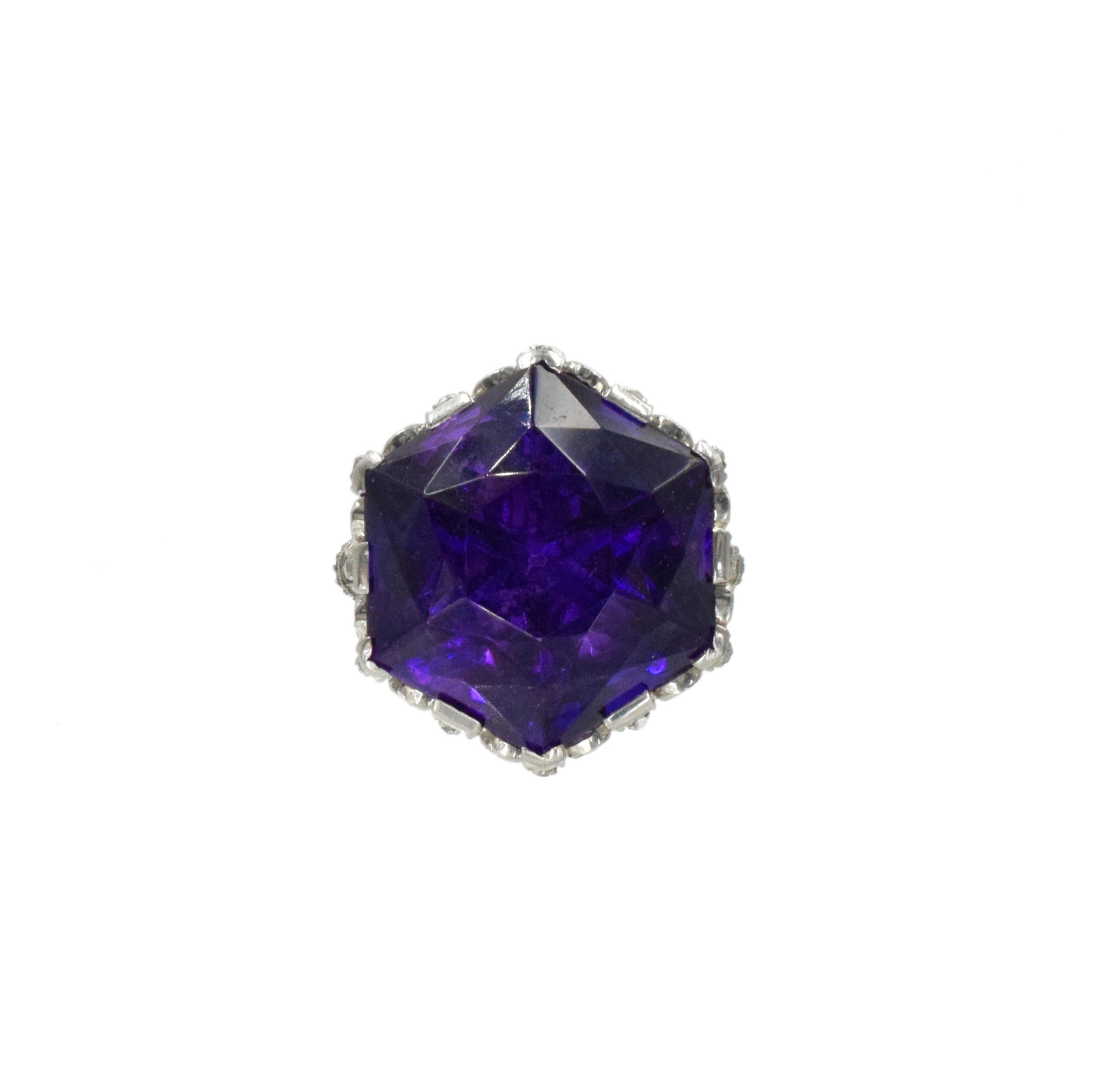 Hexagon Cut Amethyst and Diamond Ring For Sale