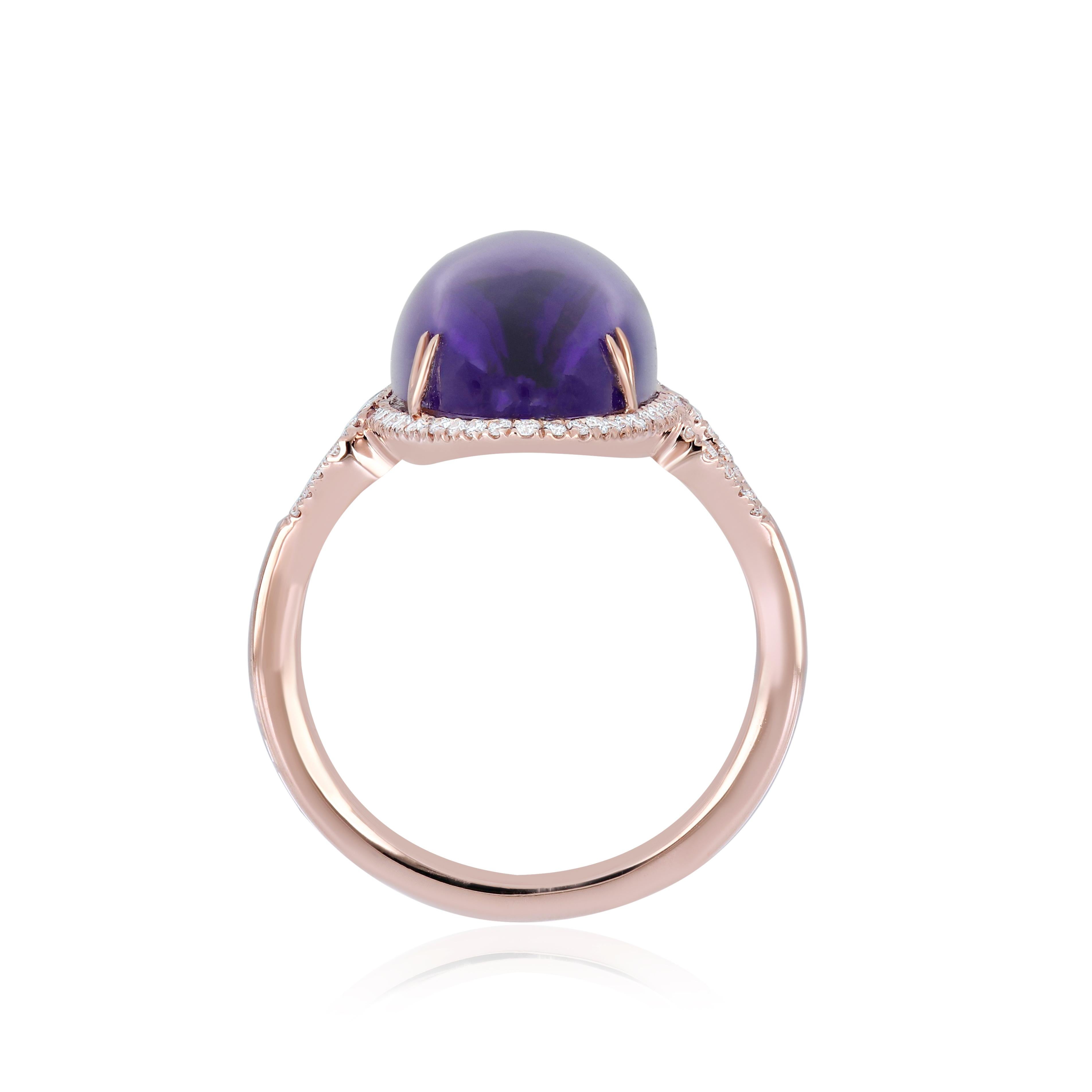 Experience the Epitome of Luxury: Impeccably Detailed 14 Karat Rose Gold Ring, featuring a Stunning 11.51Cts (approx.) Oval-Cab Amethyst at Its Center, Embellished with Micro-Set Diamonds Weighing Approximately 0.28 CT's. Meticulously Handcrafted to