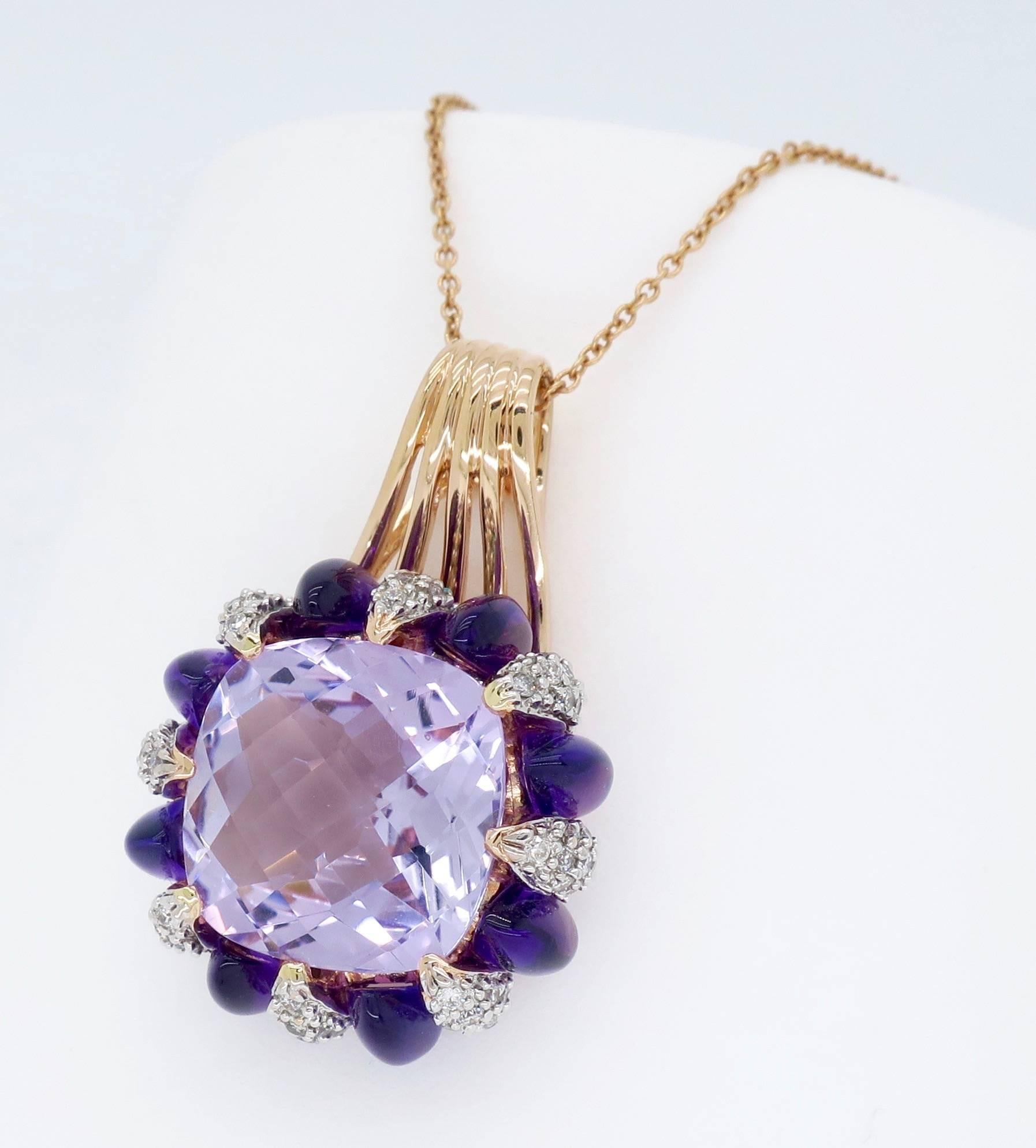 Cushion Cut Amethyst and Diamond Rose Gold Necklace