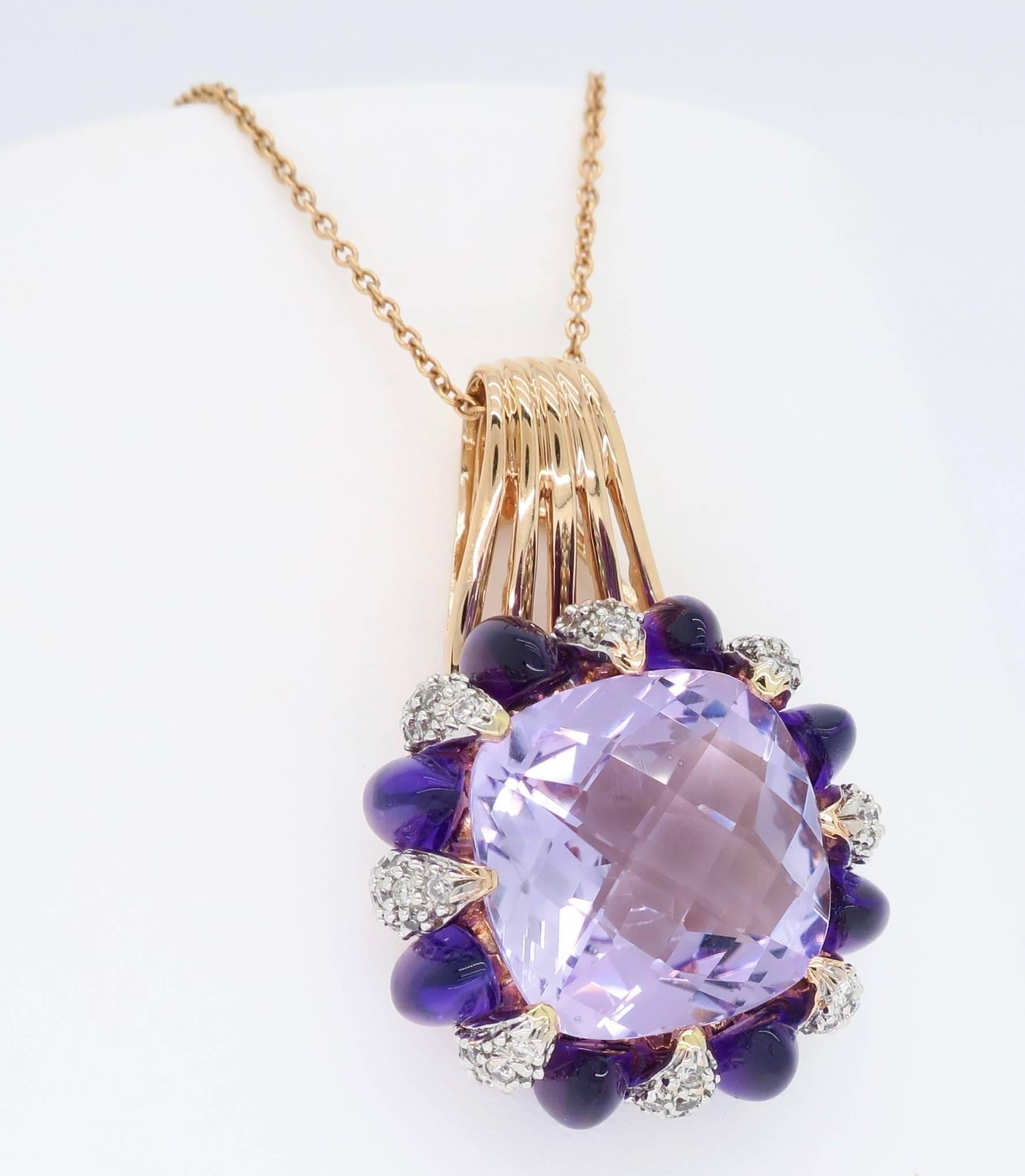 Amethyst and Diamond Rose Gold Necklace In Excellent Condition In Webster, NY