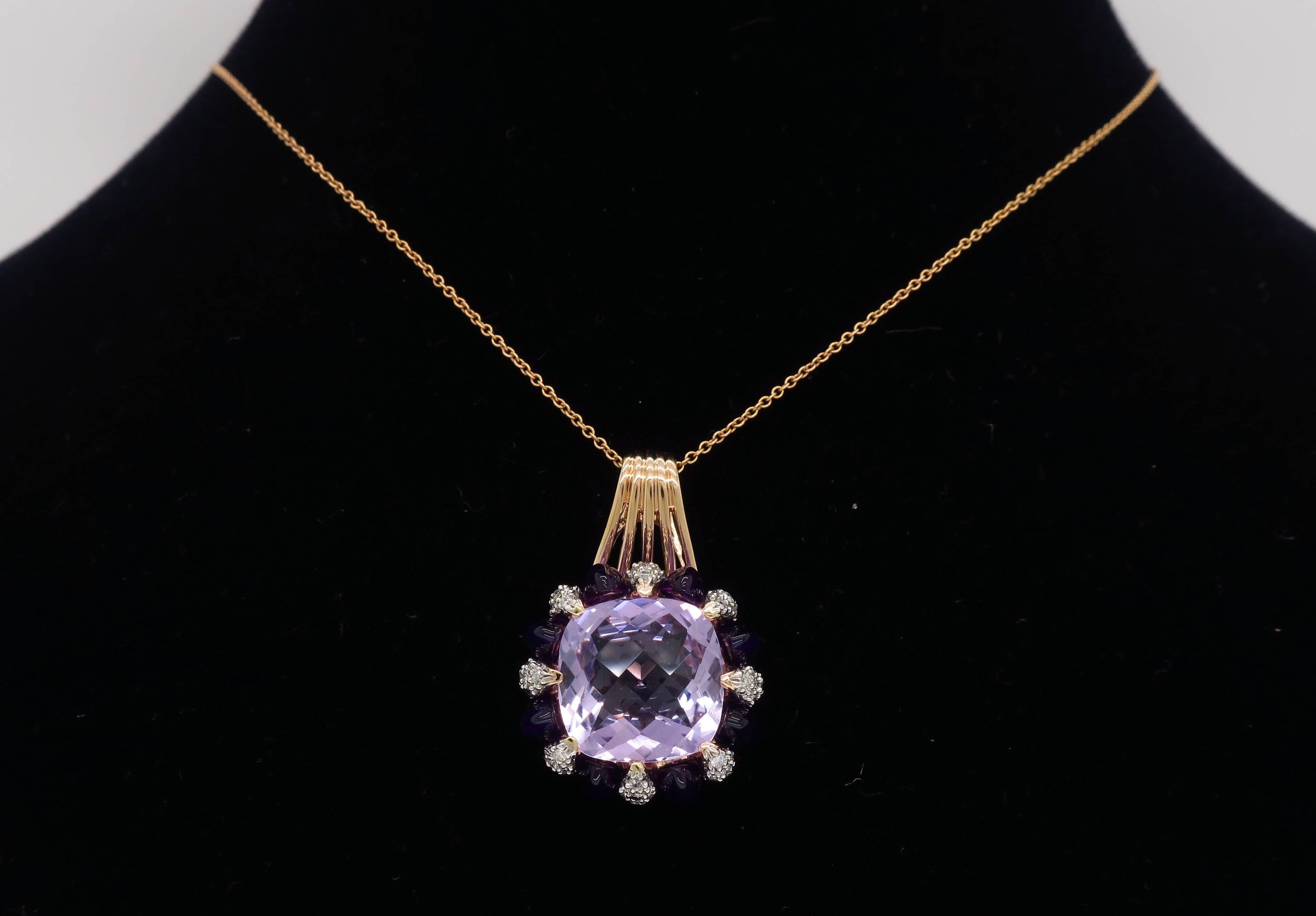Women's or Men's Amethyst and Diamond Rose Gold Necklace