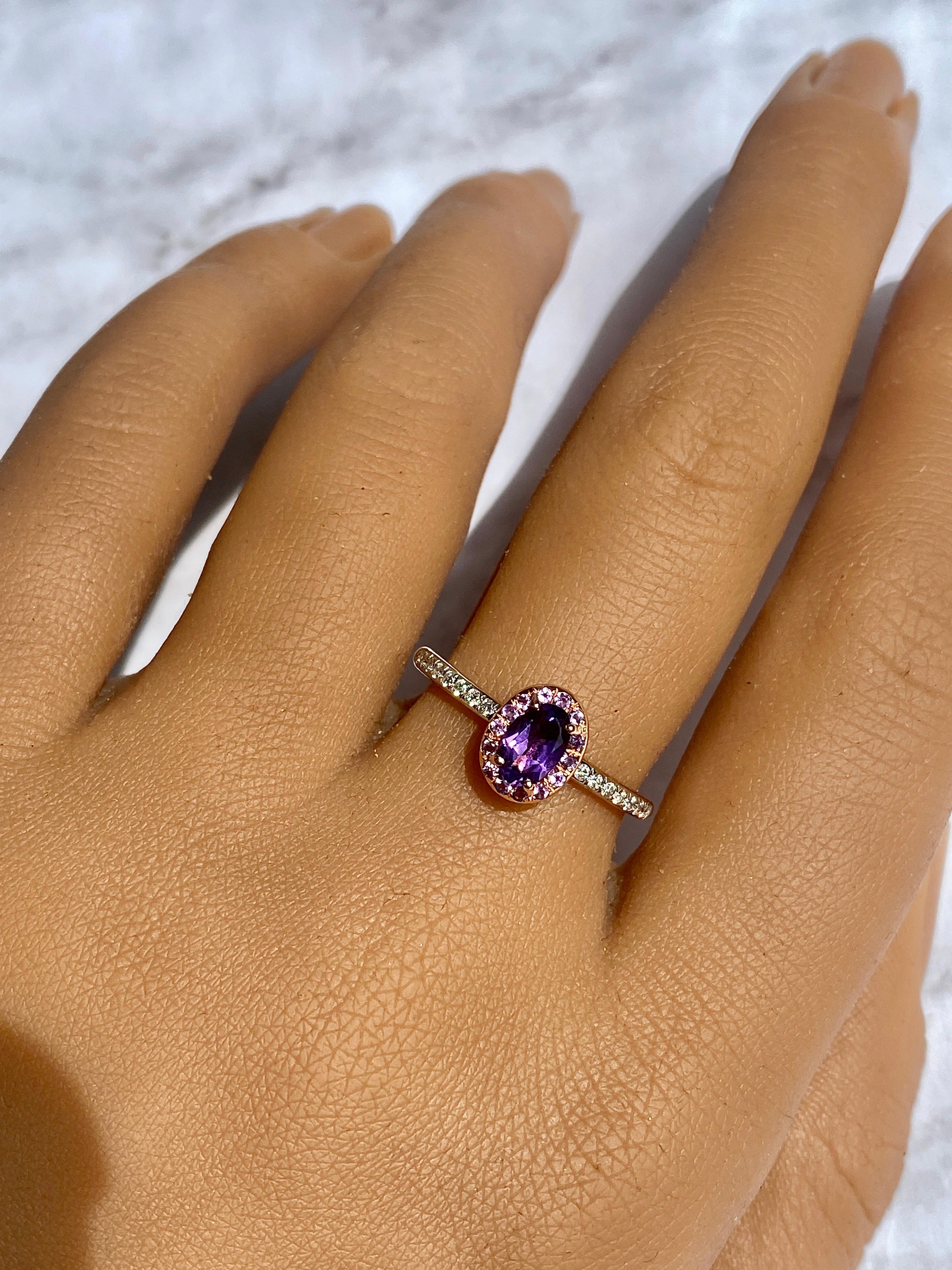 Modern Amethyst and Diamond Solitaire Ring, Gemstone Solitaire with Natural Diamonds For Sale