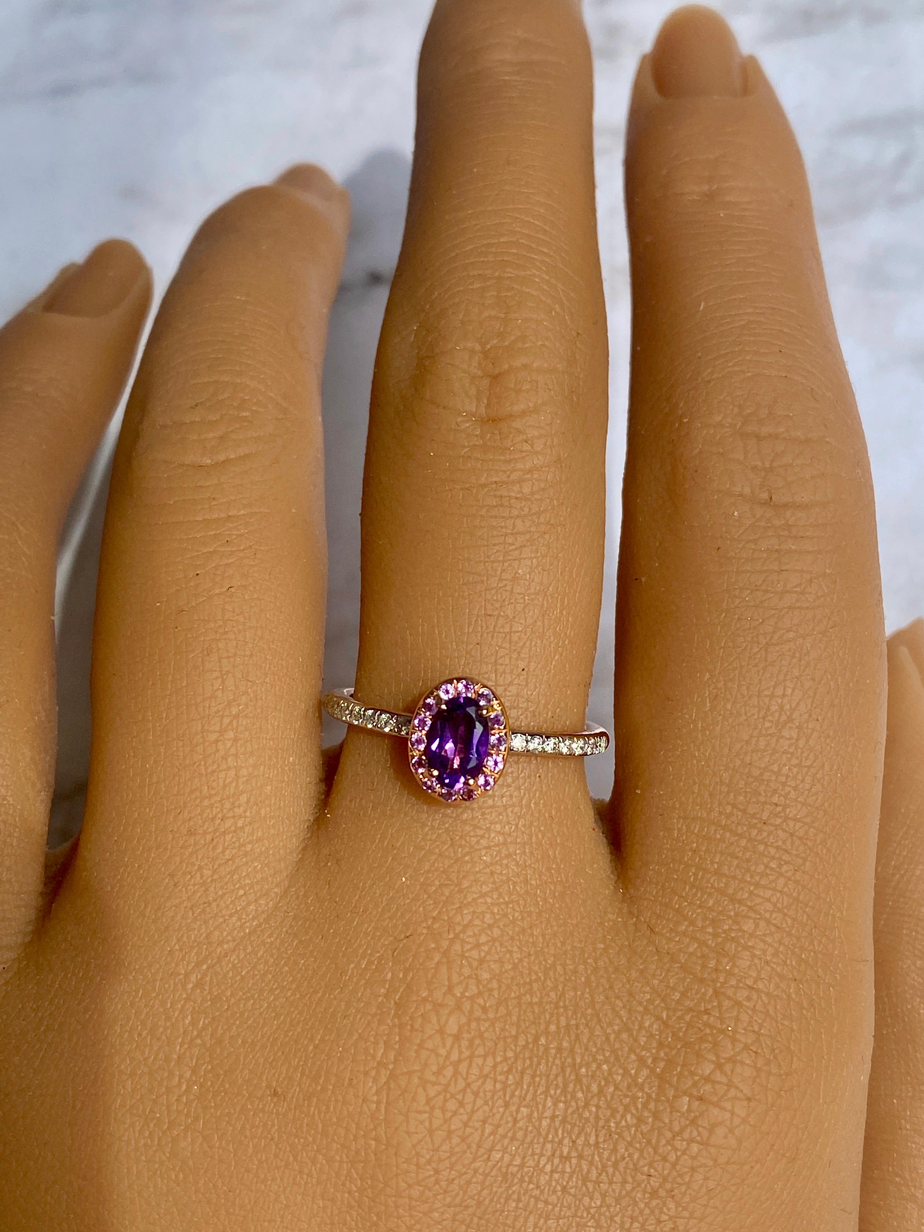 Oval Cut Amethyst and Diamond Solitaire Ring, Gemstone Solitaire with Natural Diamonds For Sale