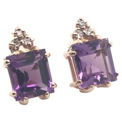 Amethyst and Diamond Stud Earrings 14 Karat Yellow Gold