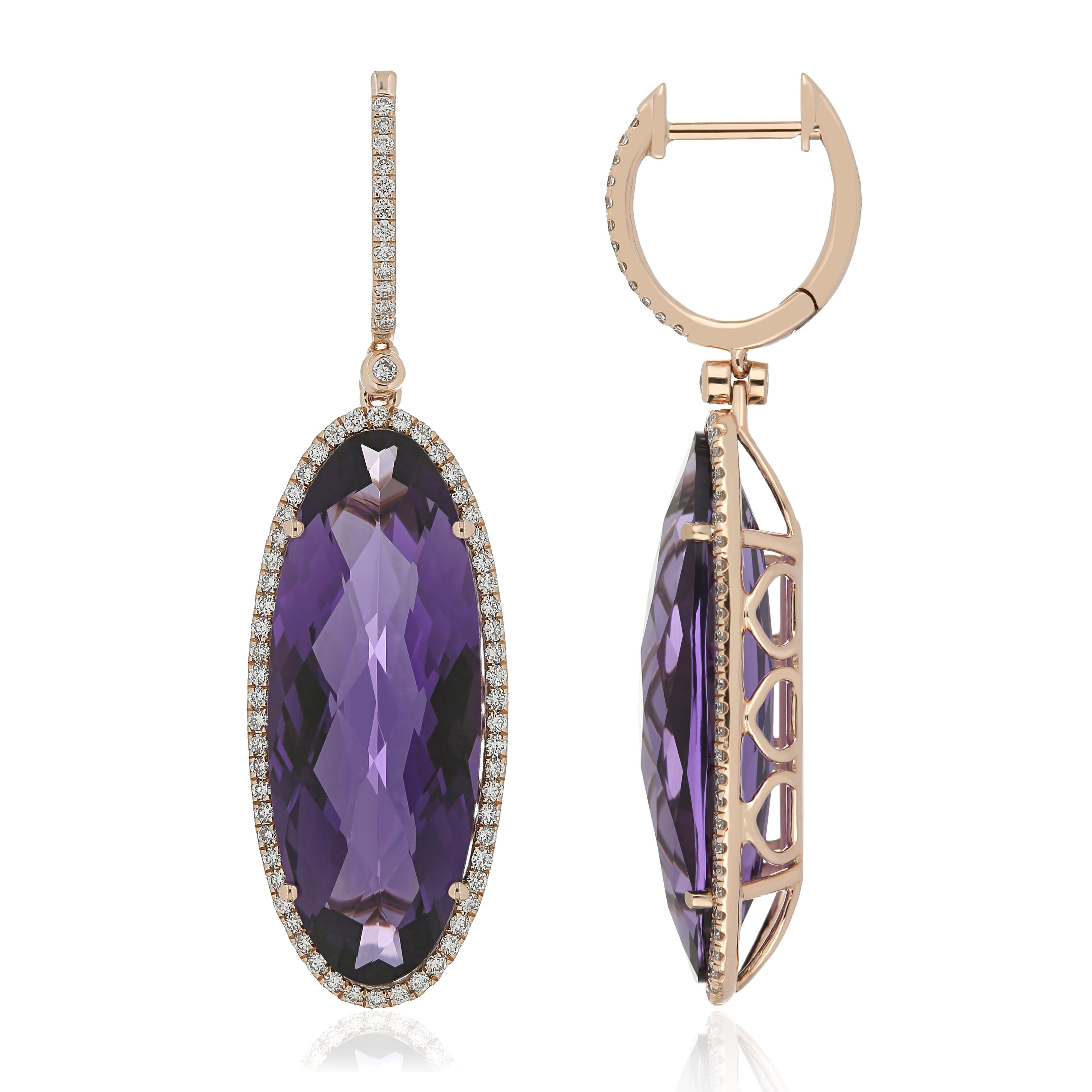 Elegant and exquisitely detailed 14 Karat Rose Gold Dangle Earring, center set with 18.80Cts .Oval Shape Amethyst, and micro pave set Diamonds, weighing approx. 0.57 Cts Beautifully Hand crafted in 14 Karat Rose Gold.

Stone Detail:
Amethyst: