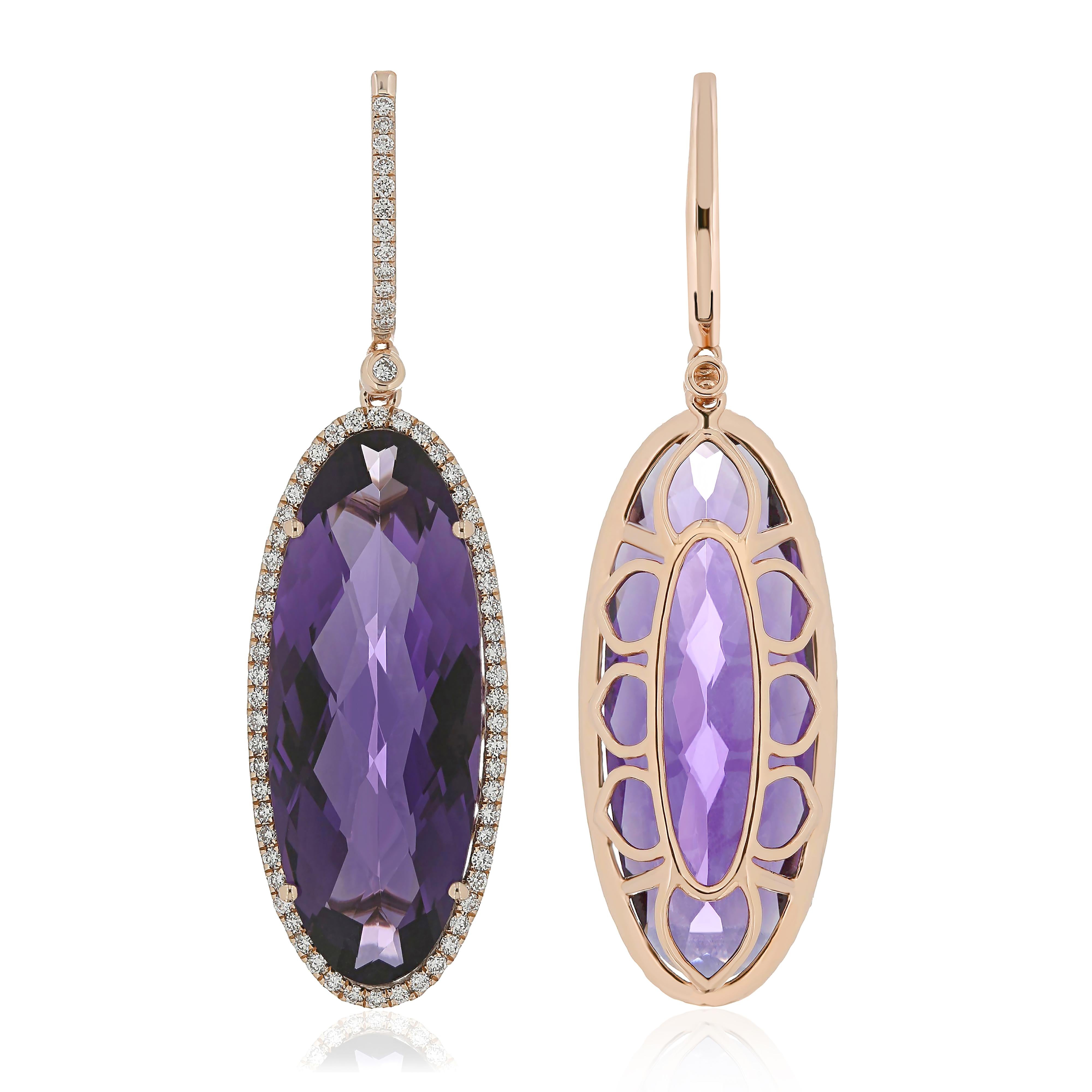 Oval Cut Amethyst and Diamond Studded Earring 14 Karat Rose Gold For Sale
