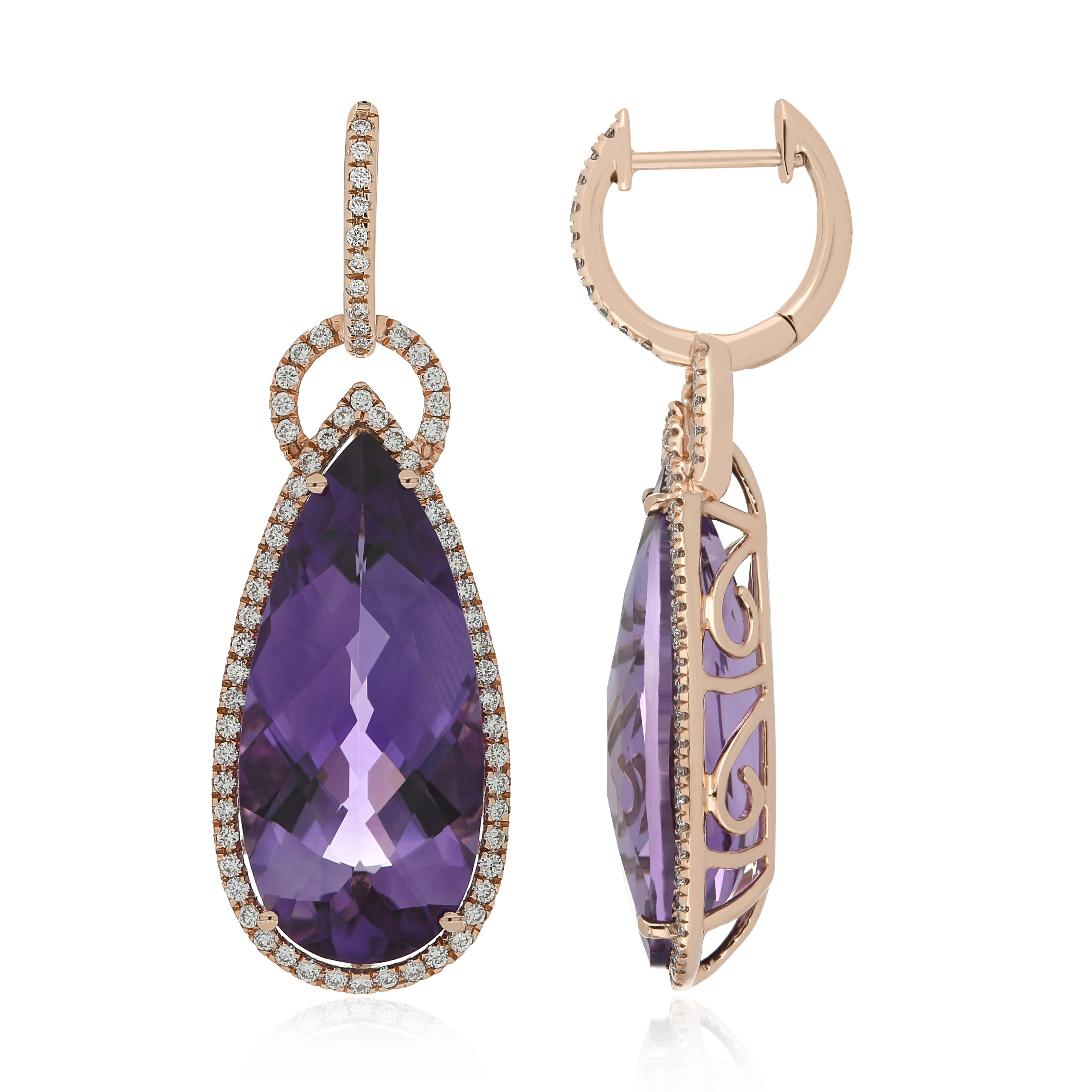Elegant and exquisitely detailed 14 Karat Rose Gold Earring, center set with 15.74Cts .Pear Shape Amethyst, and micro pave set Diamonds, weighing approx. 0.6Cts Beautifully Hand crafted in 14 Karat Rose Gold.

Stone Detail:
Amethyst: 22x10MM

Stone