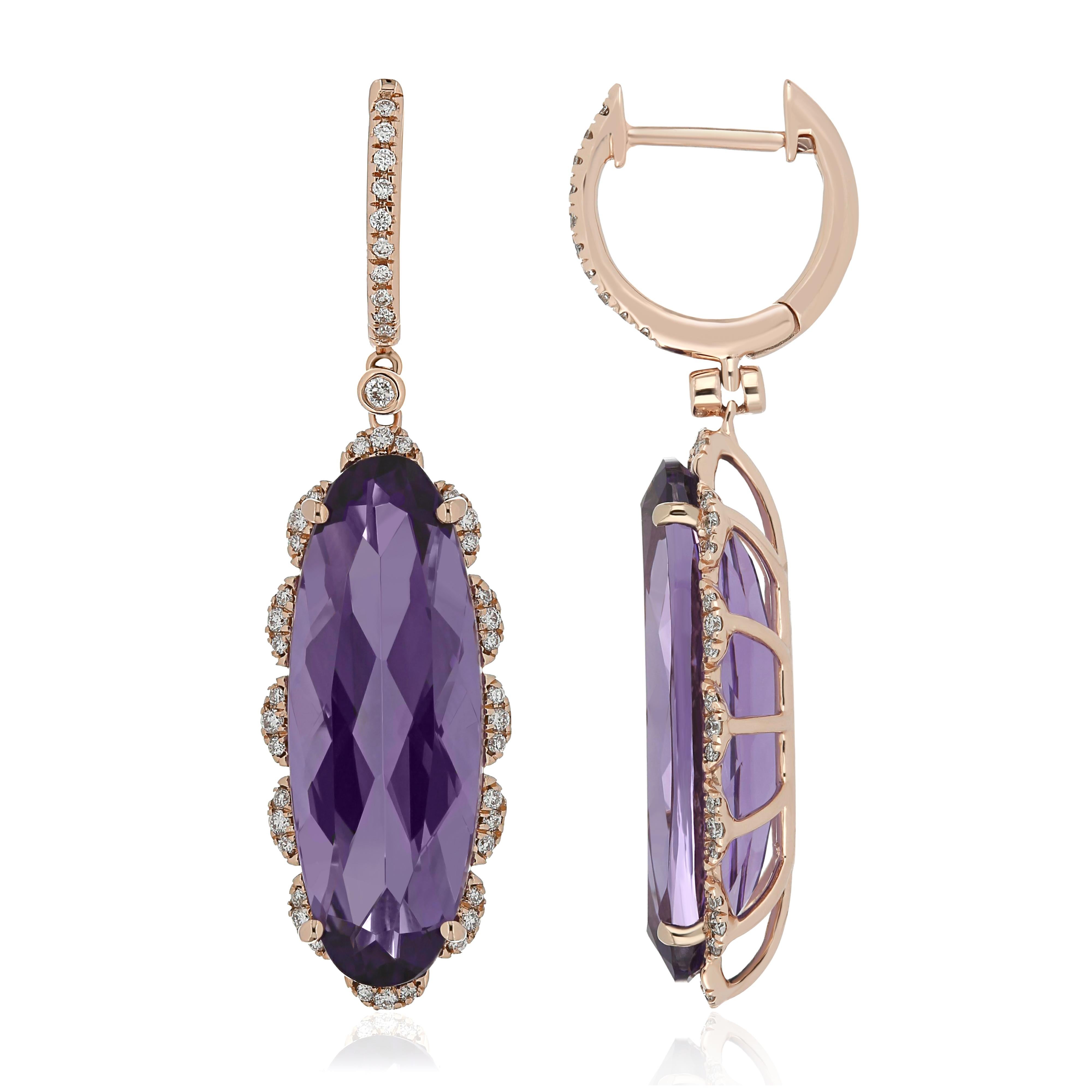 Elegant and exquisitely detailed 14 Karat Rose Gold Earring, center set with 13.05Cts .Oval Shape Amethyst, and micro pave set Diamonds, weighing approx. 0.30 Cts Beautifully Hand crafted in 14 Karat Yellow Gold.

Stone Detail:
Amethyst: