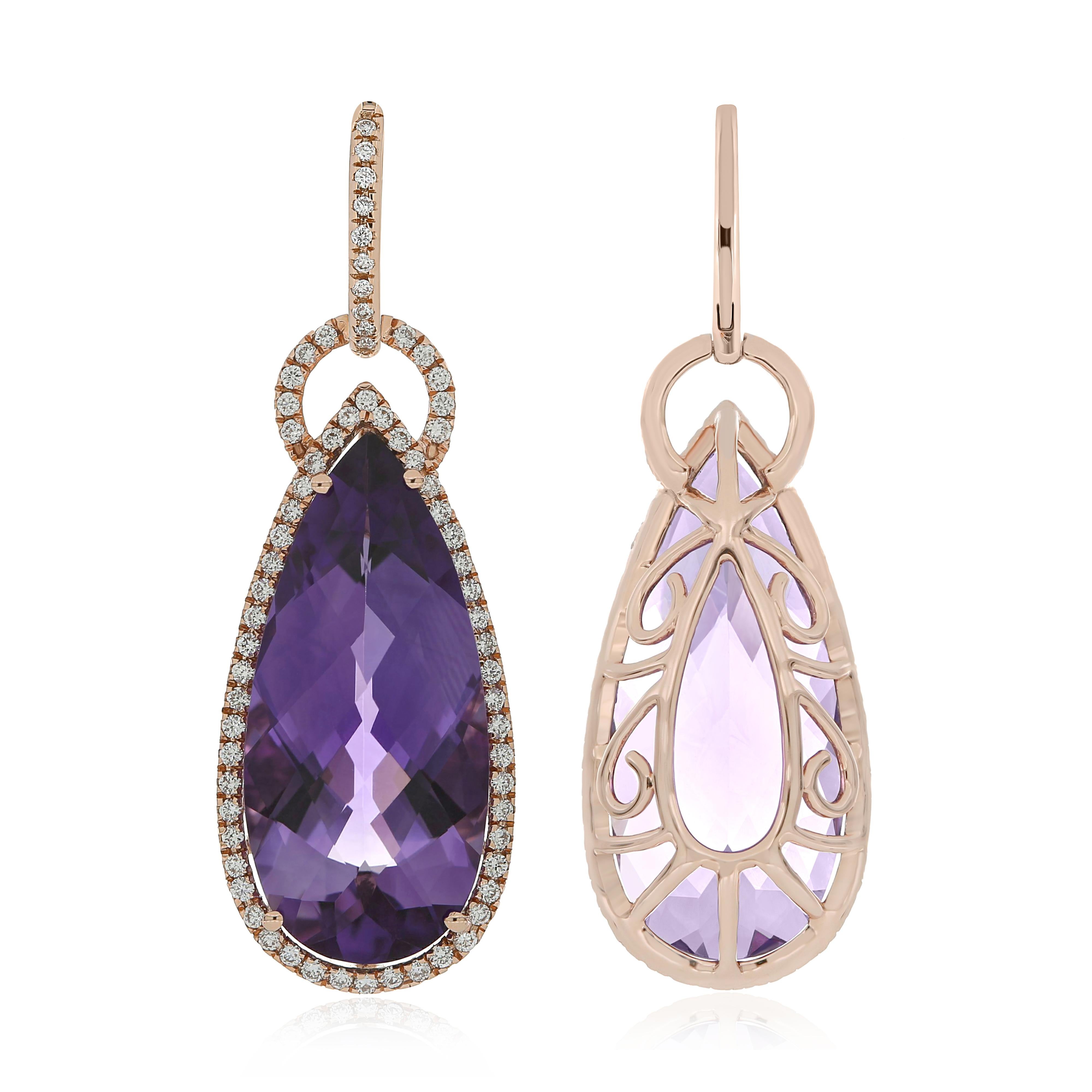 Pear Cut Amethyst and Diamond Studded Earring in 14 Karat Rose Gold For Sale