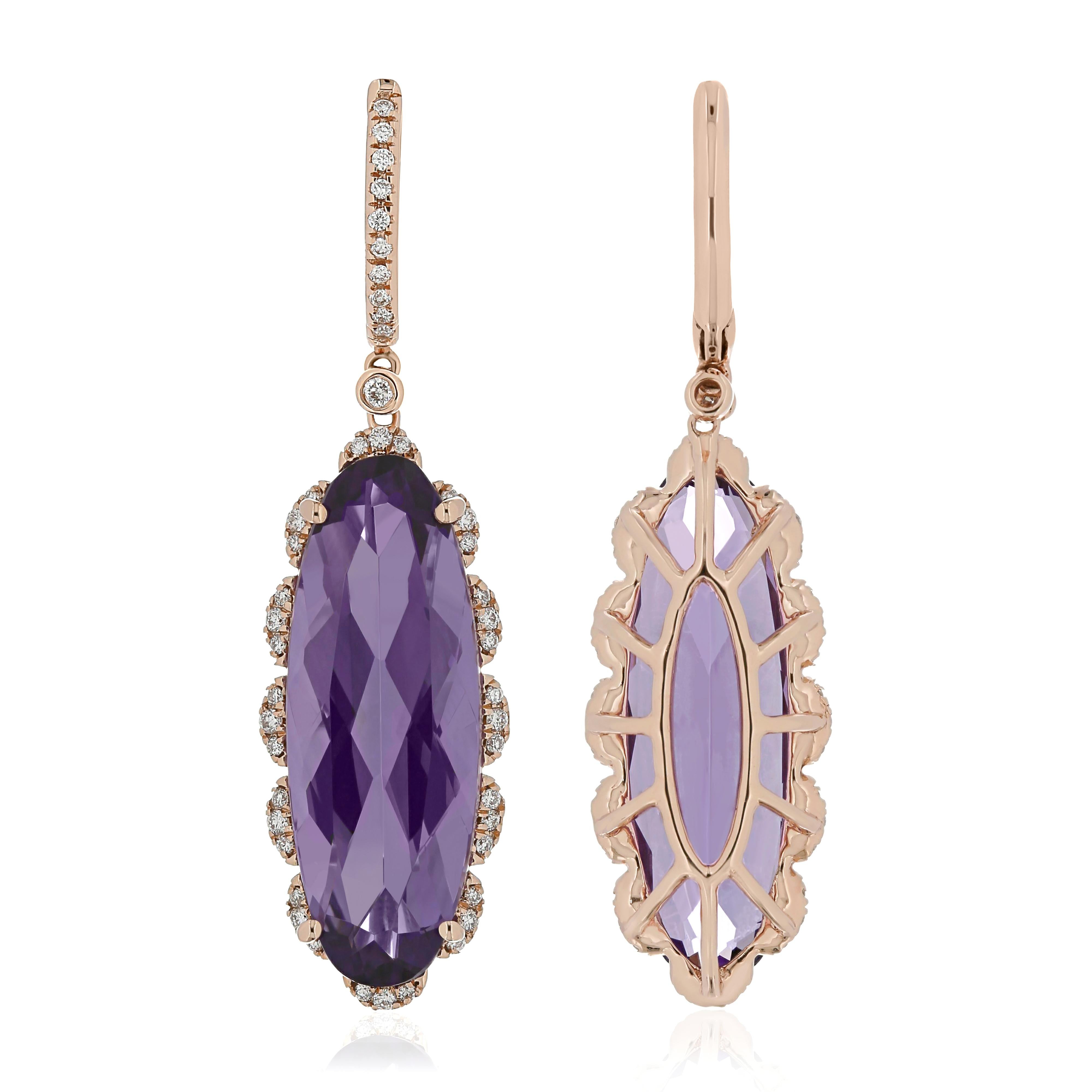 Oval Cut Amethyst and Diamond Studded Earring in 14 Karat Rose Gold For Sale