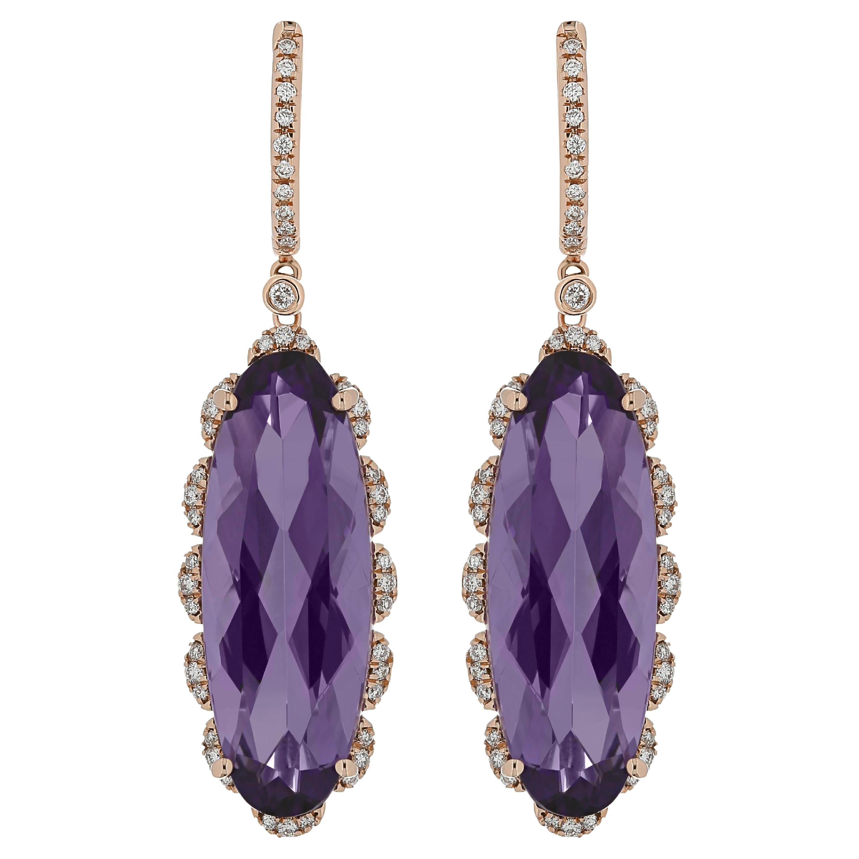 Amethyst and Diamond Studded Earring in 14 Karat Rose Gold For Sale