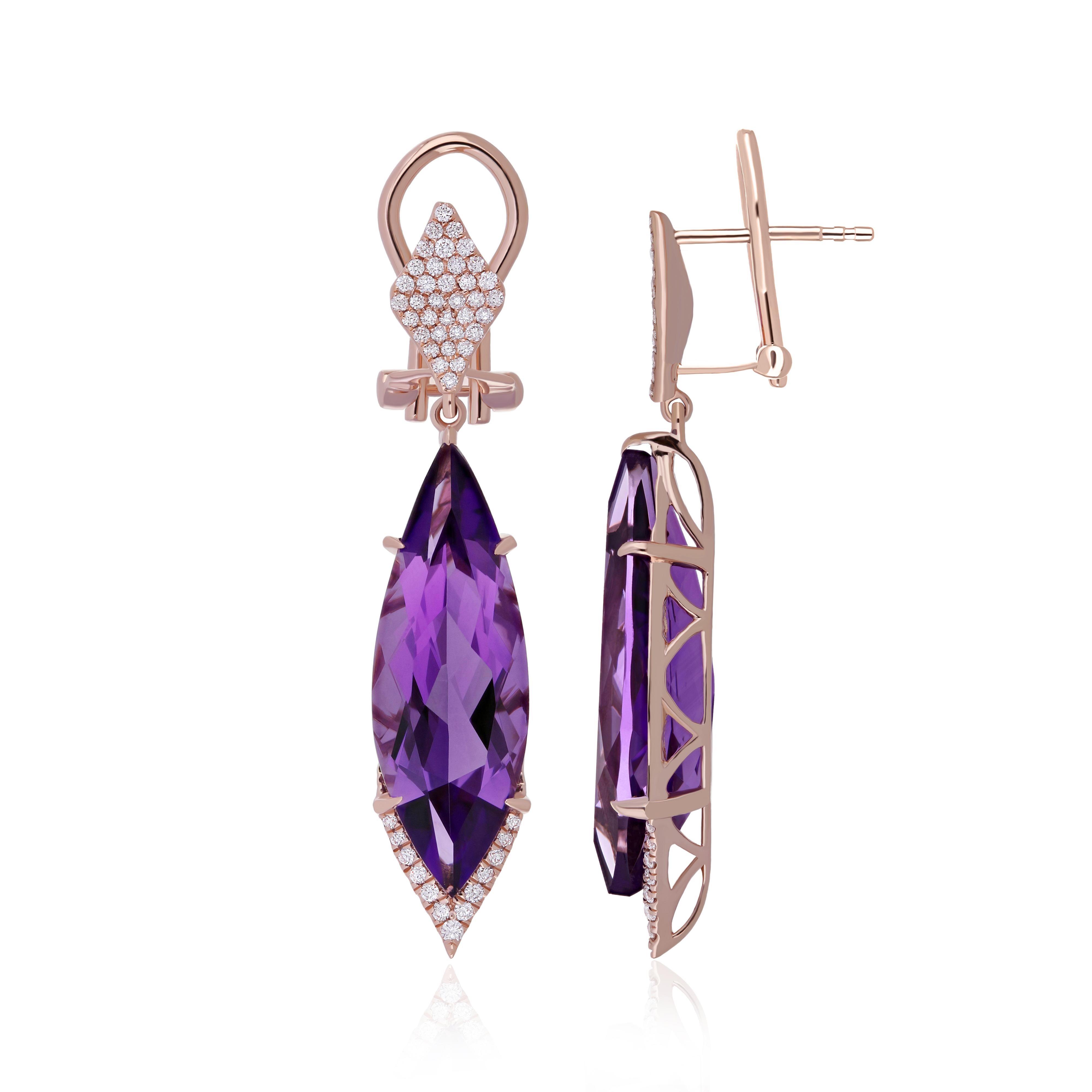 Elegant and Exquisitely Detailed Rose Gold Earring set with Pear Marquise Shape Amethyst weighing approx. 10.95Cts and with micro prove set Diamonds weighing approx. 0.40Cts Beautifully Hand Crafted in 
14 karat, Rose Gold Earring.

Product