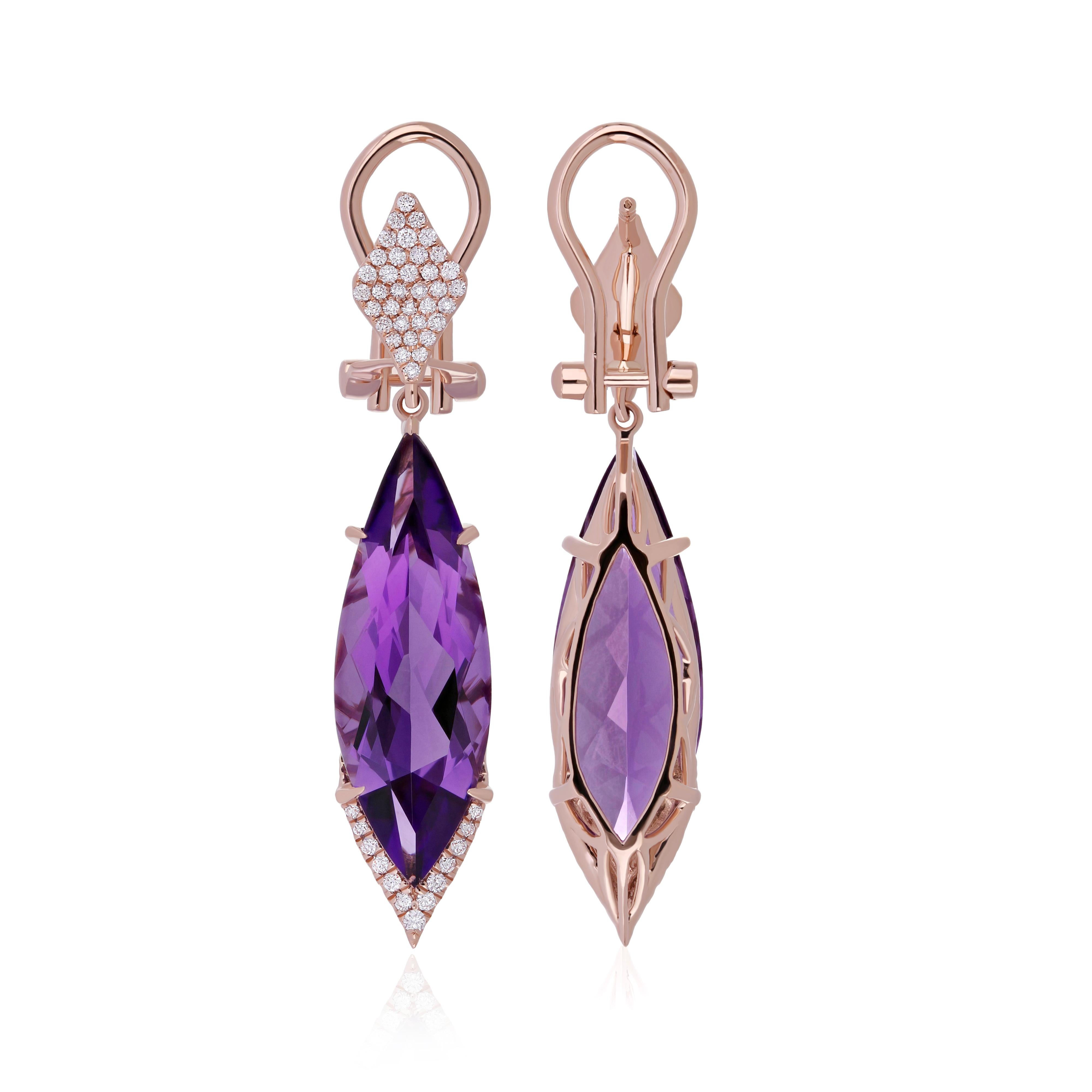 Marquise Cut Amethyst and Diamond Studded Earring in 14Karat, Rose Gold For Sale