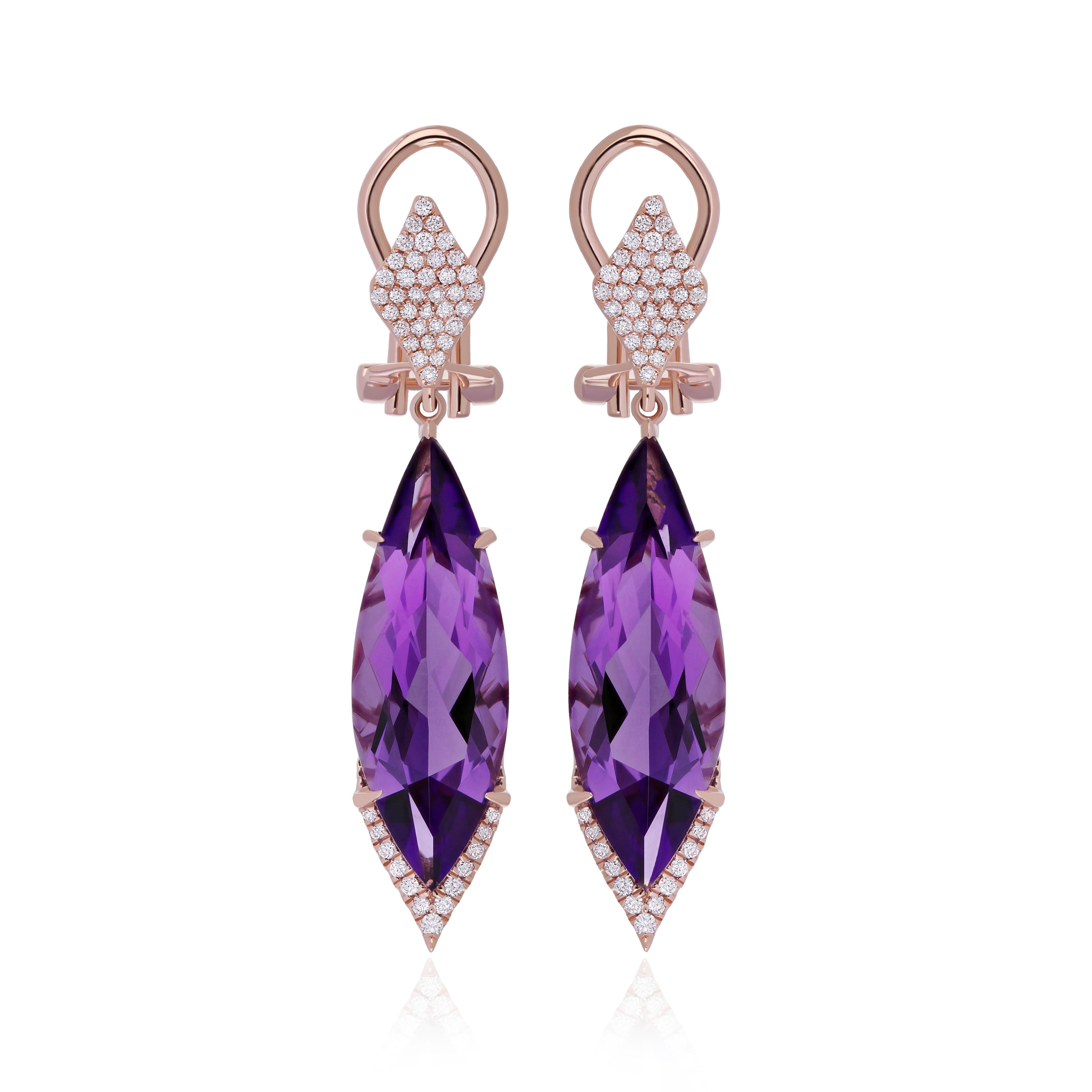 Women's Amethyst and Diamond Studded Earring in 14Karat, Rose Gold For Sale