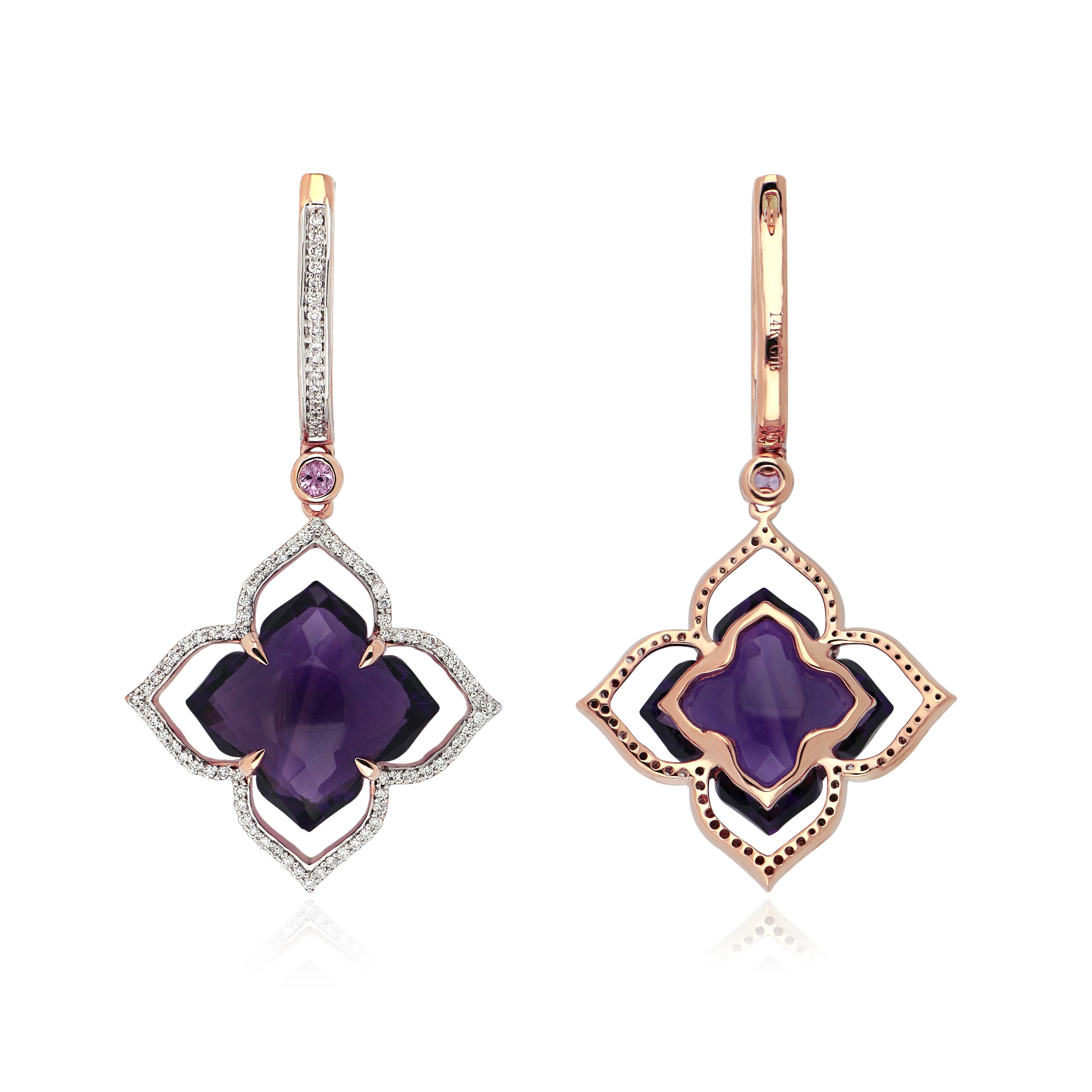 Mixed Cut Amethyst, Pink Sapphire and Diamond Earring in 14 karat Rose Gold Drop Earring For Sale