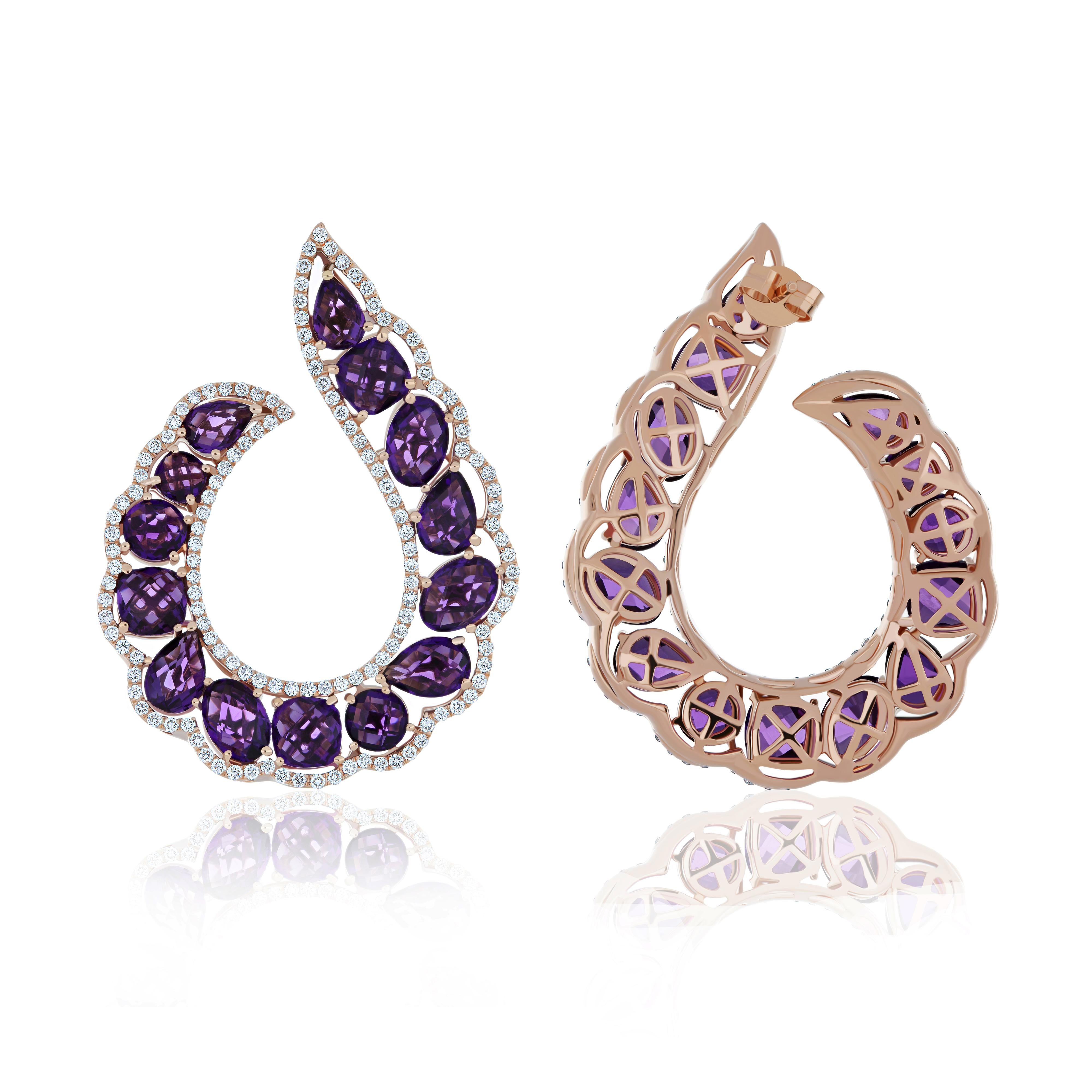 Mixed Cut Amethyst and Diamond Studded Hand-Crafted Earring in 14 Karat Rose Gold For Sale