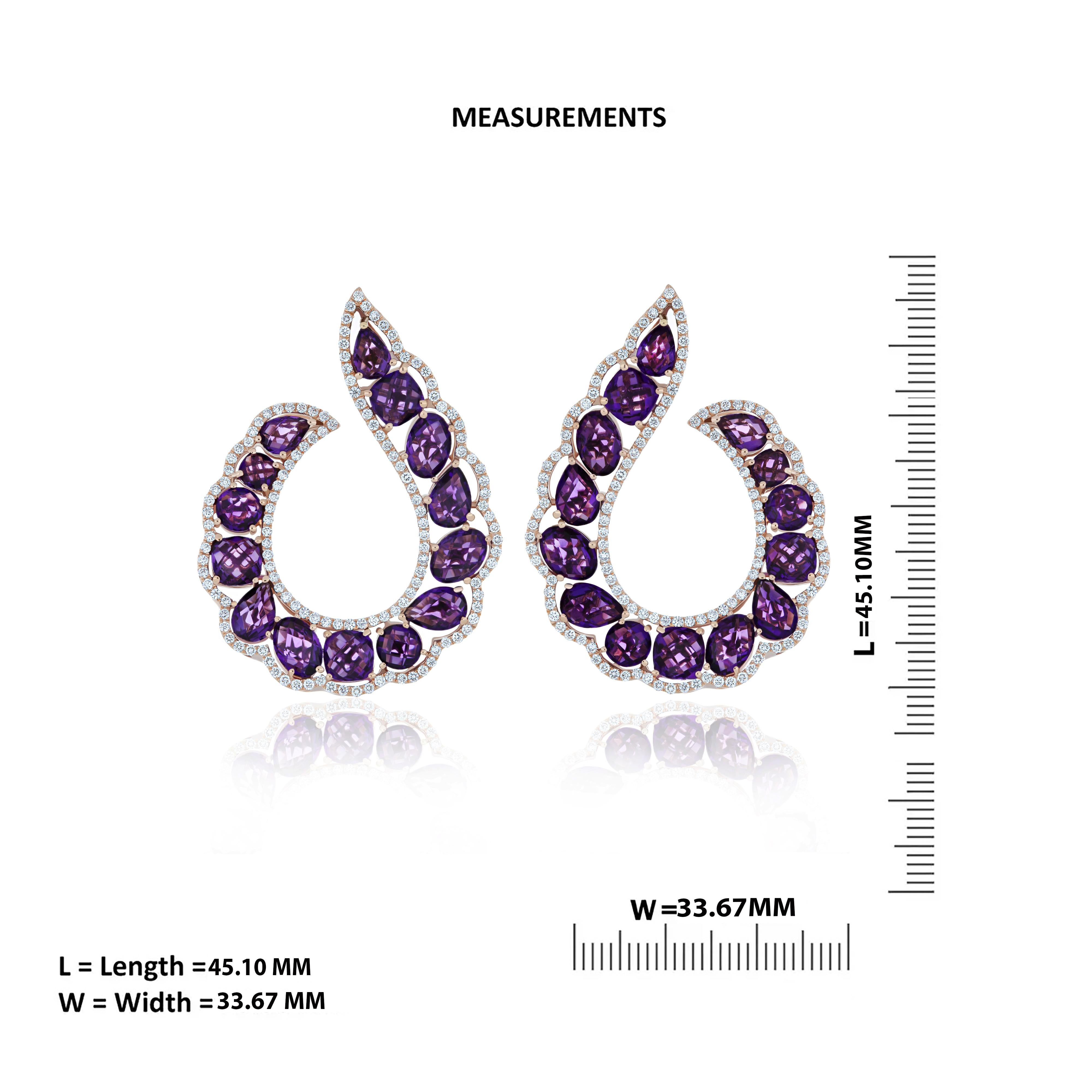 Amethyst and Diamond Studded Hand-Crafted Earring in 14 Karat Rose Gold In New Condition For Sale In JAIPUR, IN