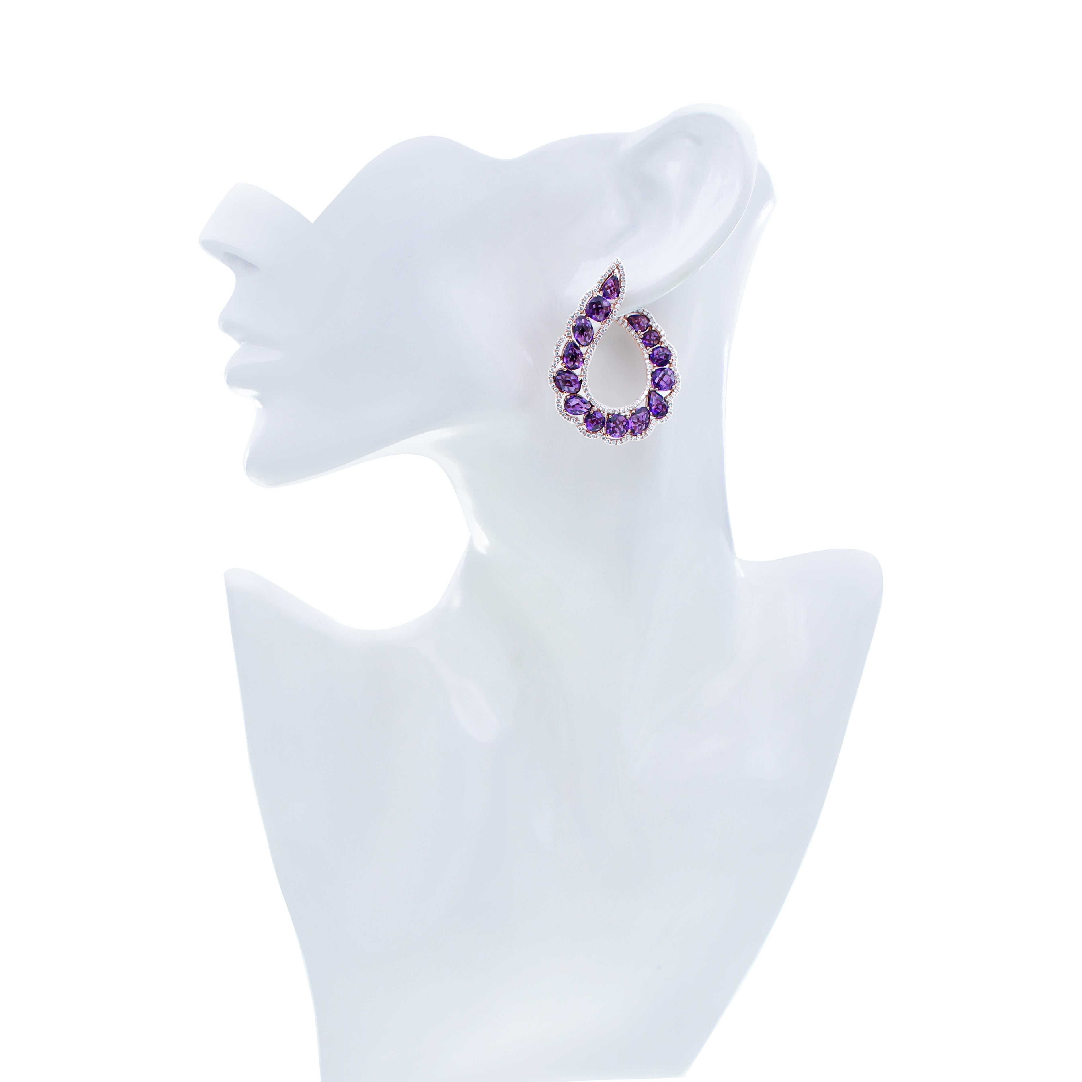Women's Amethyst and Diamond Studded Hand-Crafted Earring in 14 Karat Rose Gold For Sale