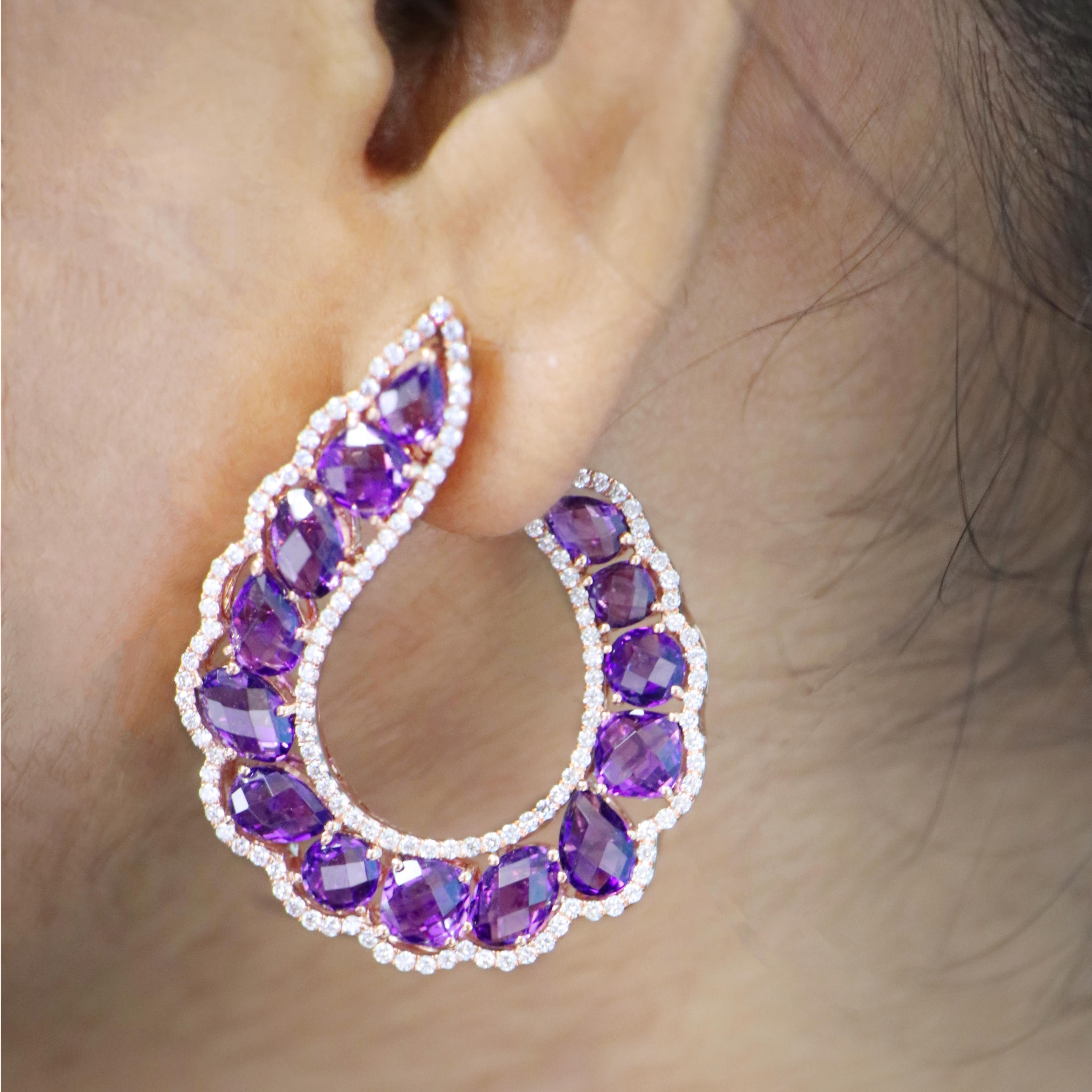 Amethyst and Diamond Studded Hand-Crafted Earring in 14 Karat Rose Gold For Sale 2