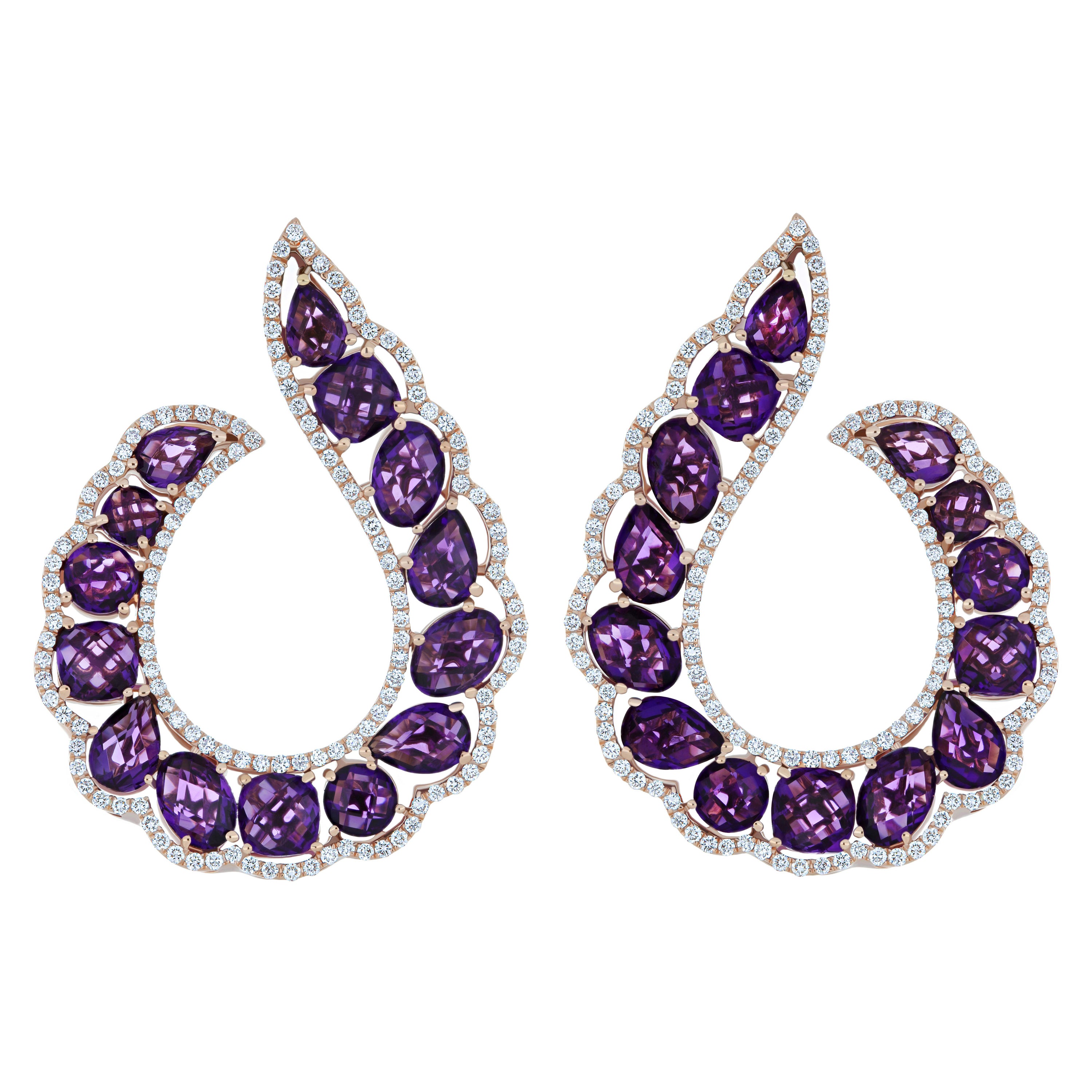 Boucles d'oreilles artisanales en or rose 14 carats avec améthyste et diamants cloutés