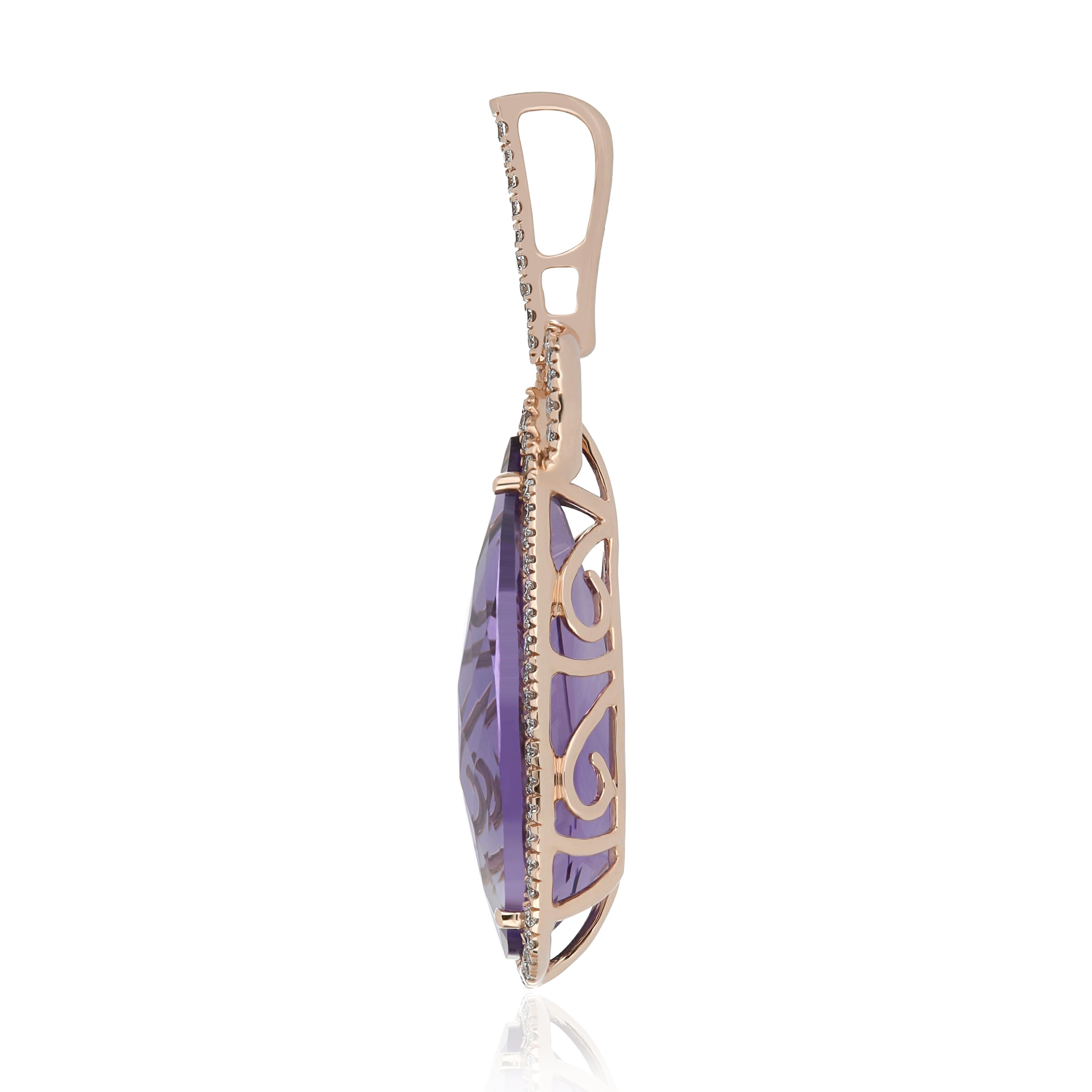 Elegant and exquisitely detailed 14 Karat Rose Gold Pendant, center set with 7.55Cts .Pear Shape Amethyst, and micro pave set Diamonds, weighing approx. 0.3Cts Beautifully Hand crafted in 14 Karat Rose Gold.

Stone Detail:
Amethyst: 22x10MM

Stone
