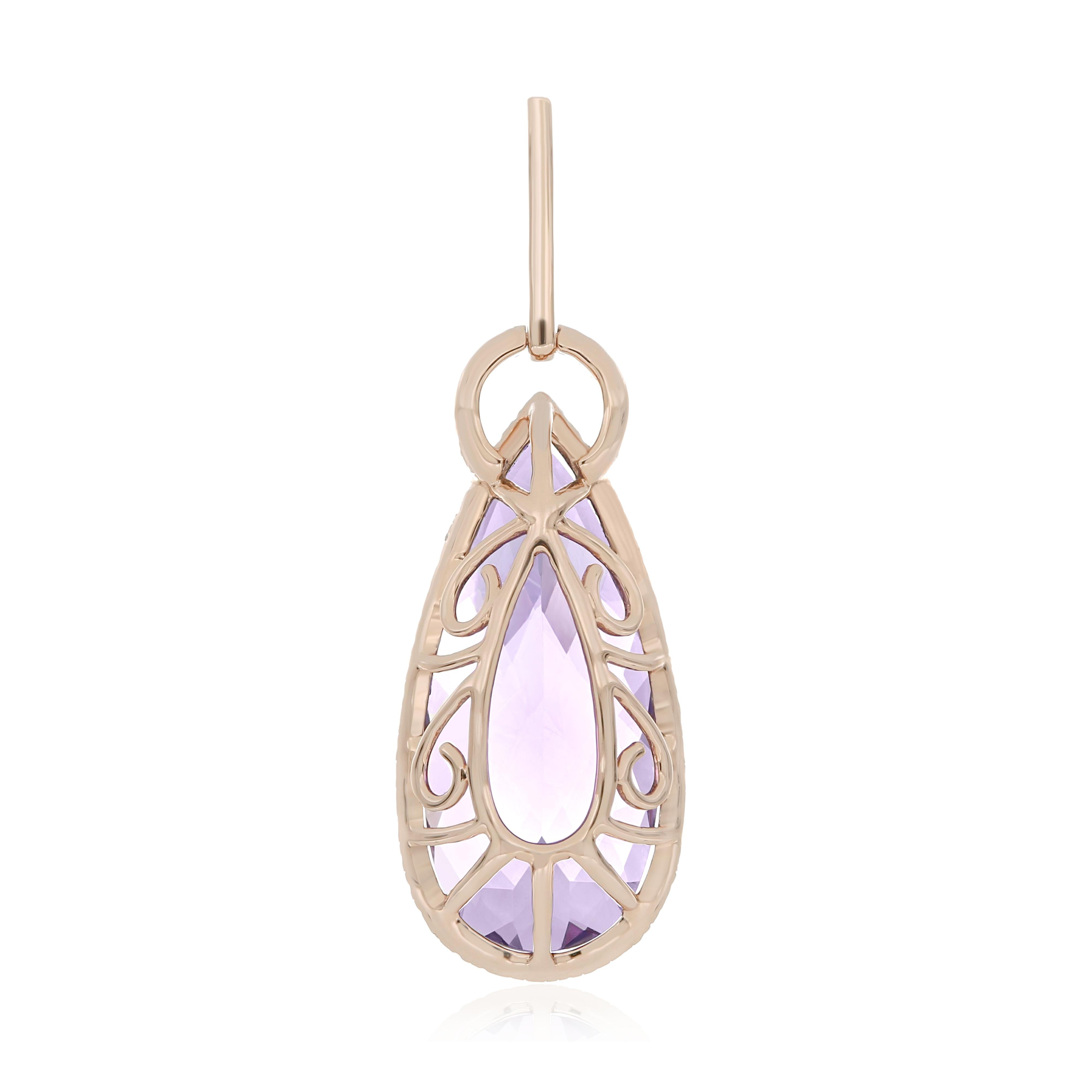 Pear Cut Amethyst and Diamond Studded Pendent 14 Karat Rose Gold For Sale