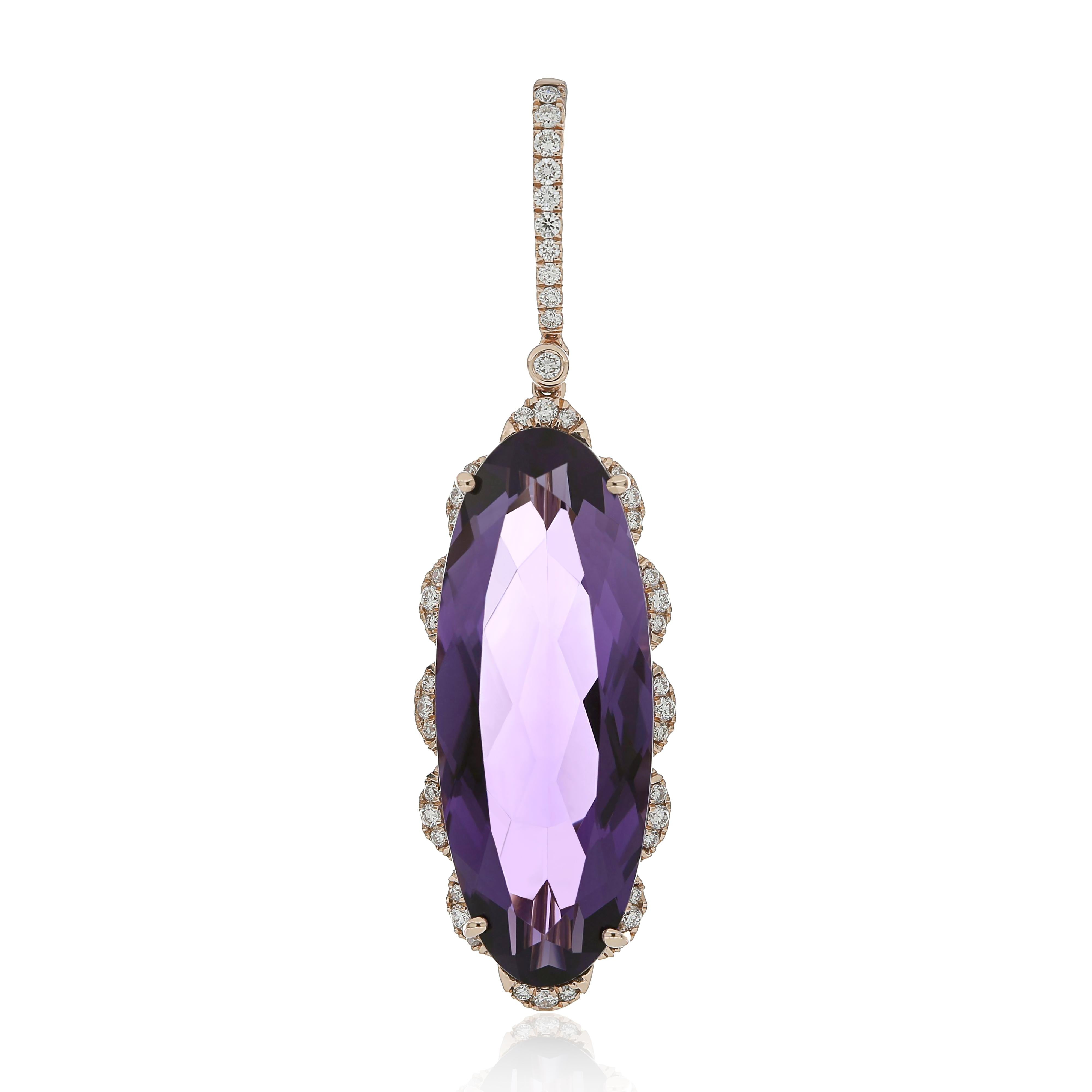 Elegant and exquisitely detailed 14 Karat Rose Gold Pendant, center set with 10.40 Cts .Oval Shape Amethyst, and micro pave set Diamonds, weighing approx. 0.228 Cts Beautifully Hand crafted in 14 Karat Rose Gold.

Stone Detail:
Amethyst: