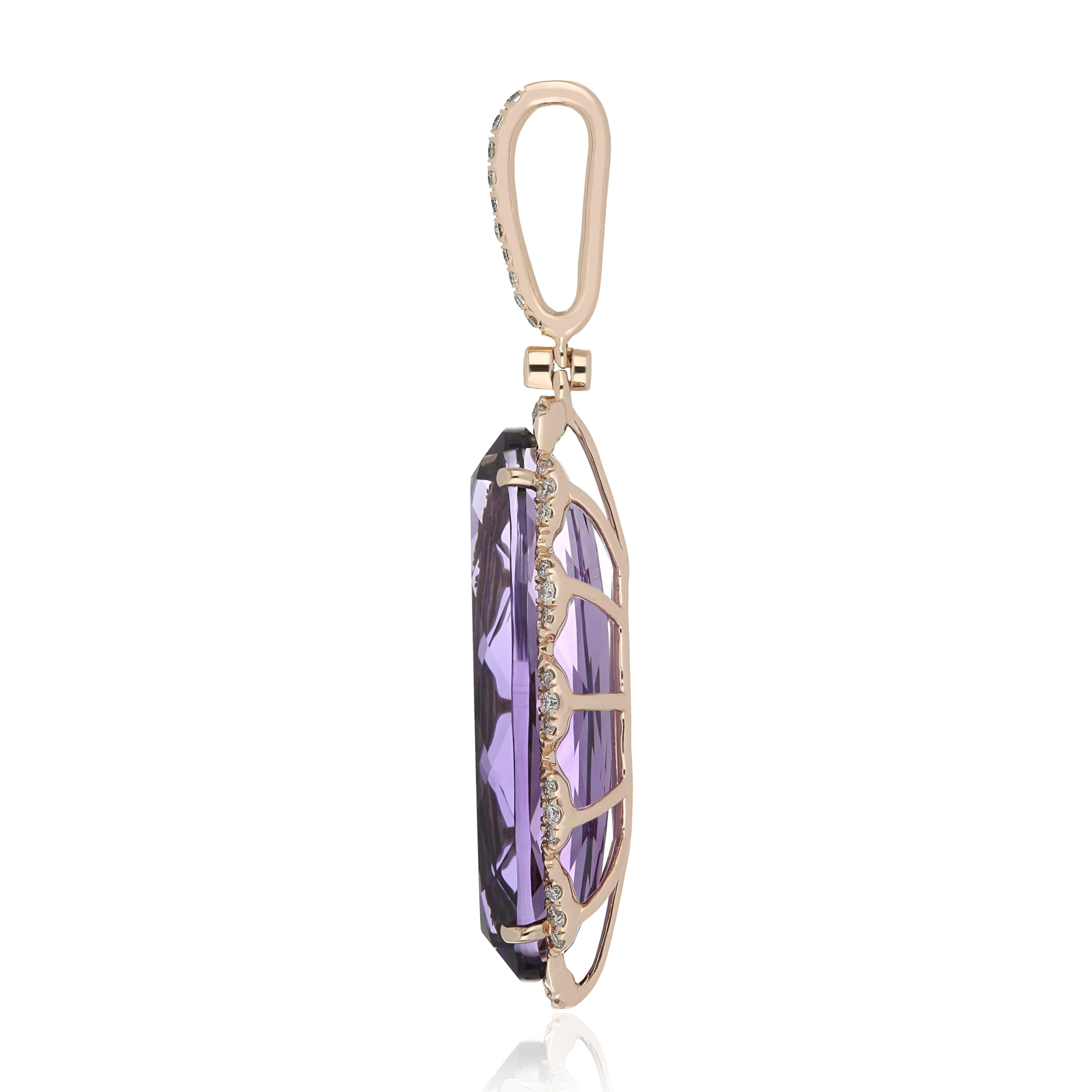 Oval Cut Amethyst and Diamond Studded Pendent in 14 Karat Rose Gold For Sale