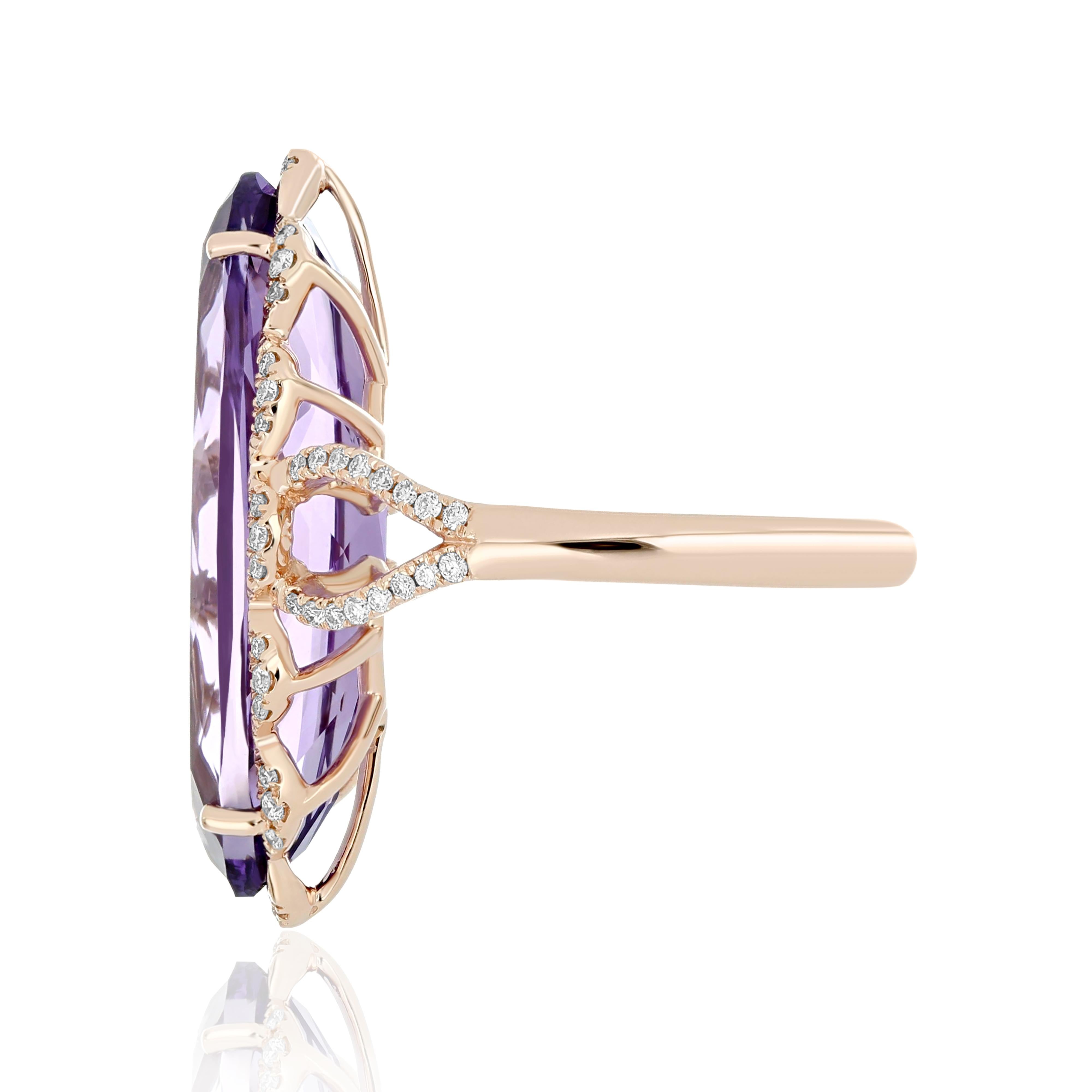 For Sale:  Amethyst and Diamond Studded Ring 14 Karat Rose Gold 5