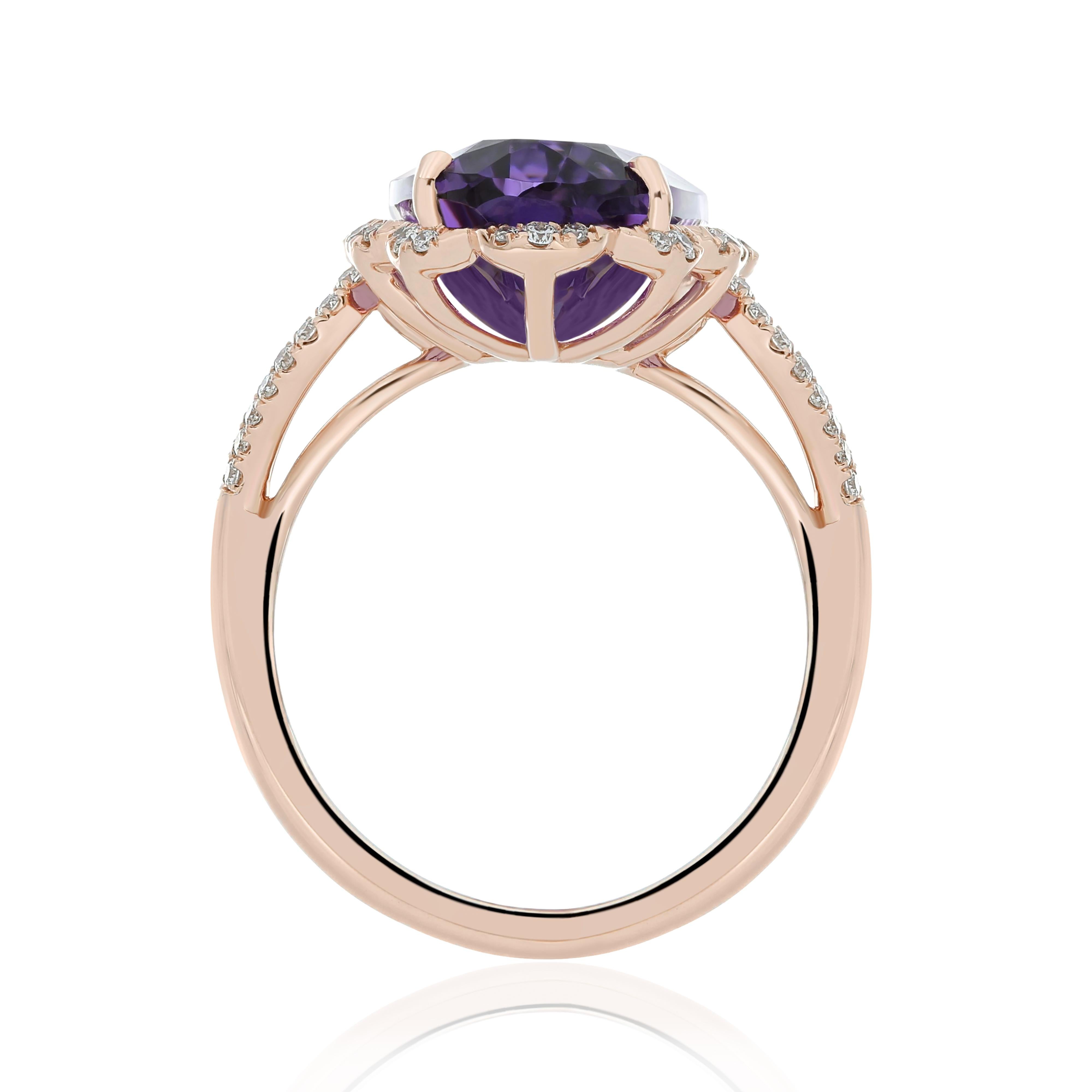 For Sale:  Amethyst and Diamond Studded Ring 14 Karat Rose Gold 6