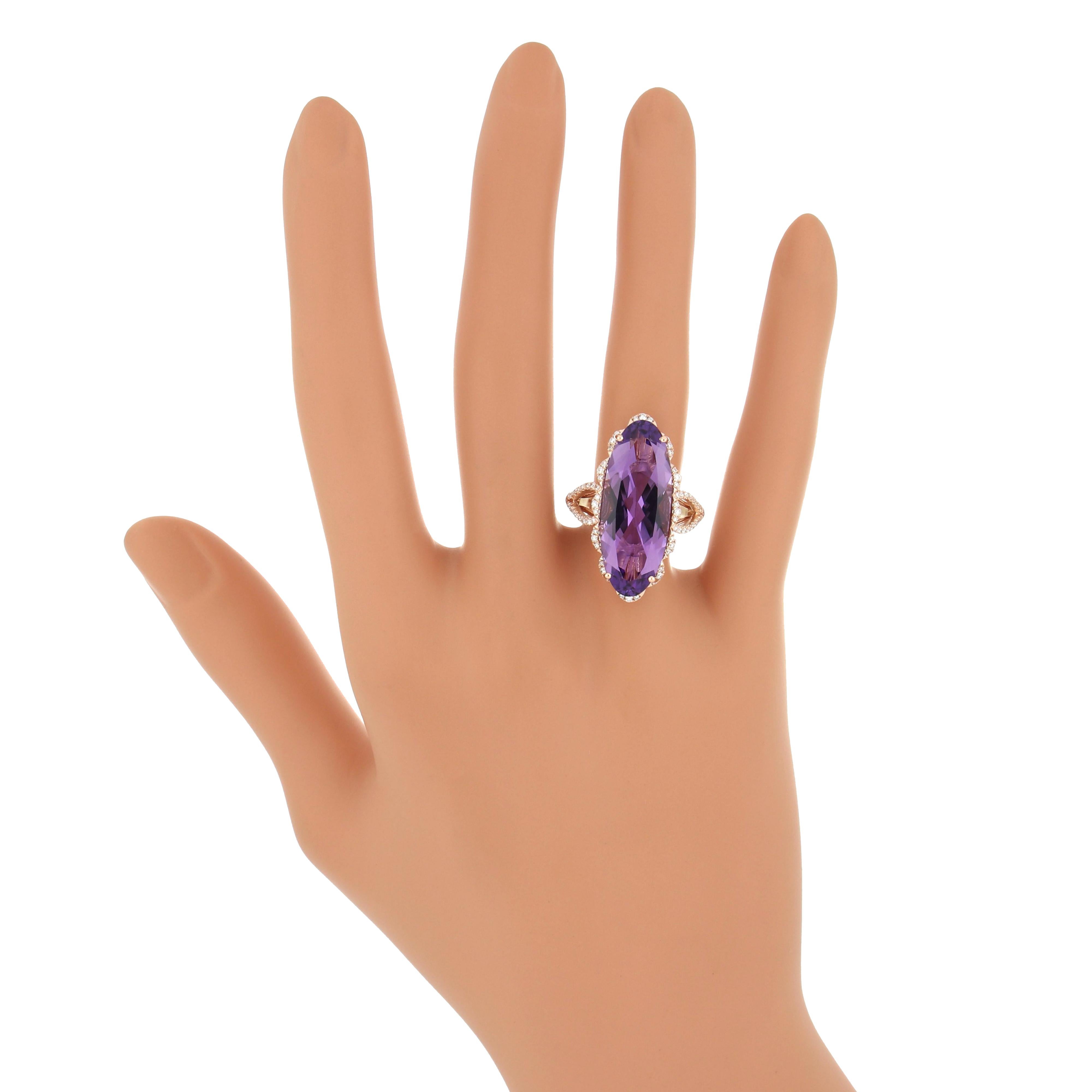 For Sale:  Amethyst and Diamond Studded Ring 14 Karat Rose Gold 8