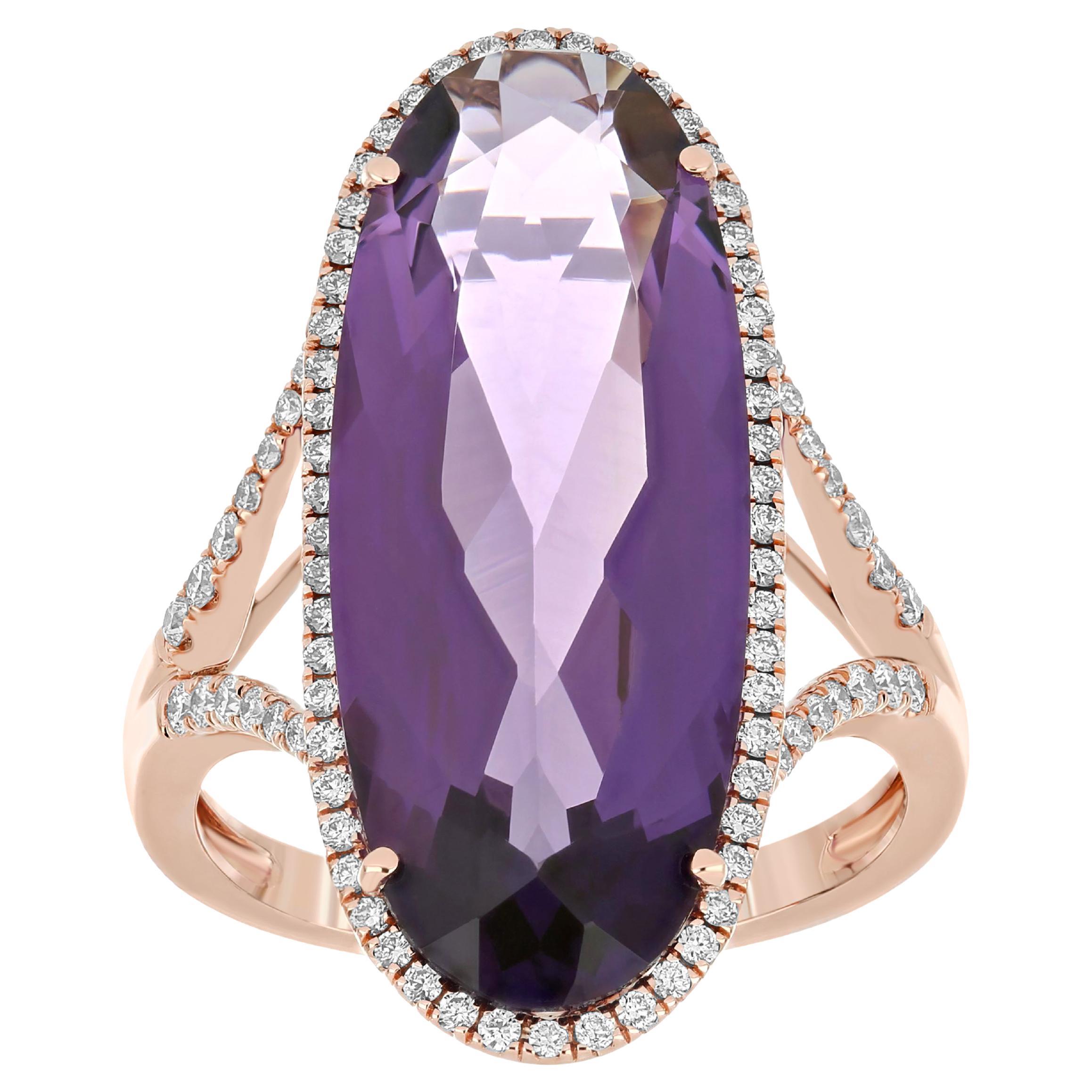 For Sale:  Amethyst and Diamond Studded Ring 14 Karat Rose Gold